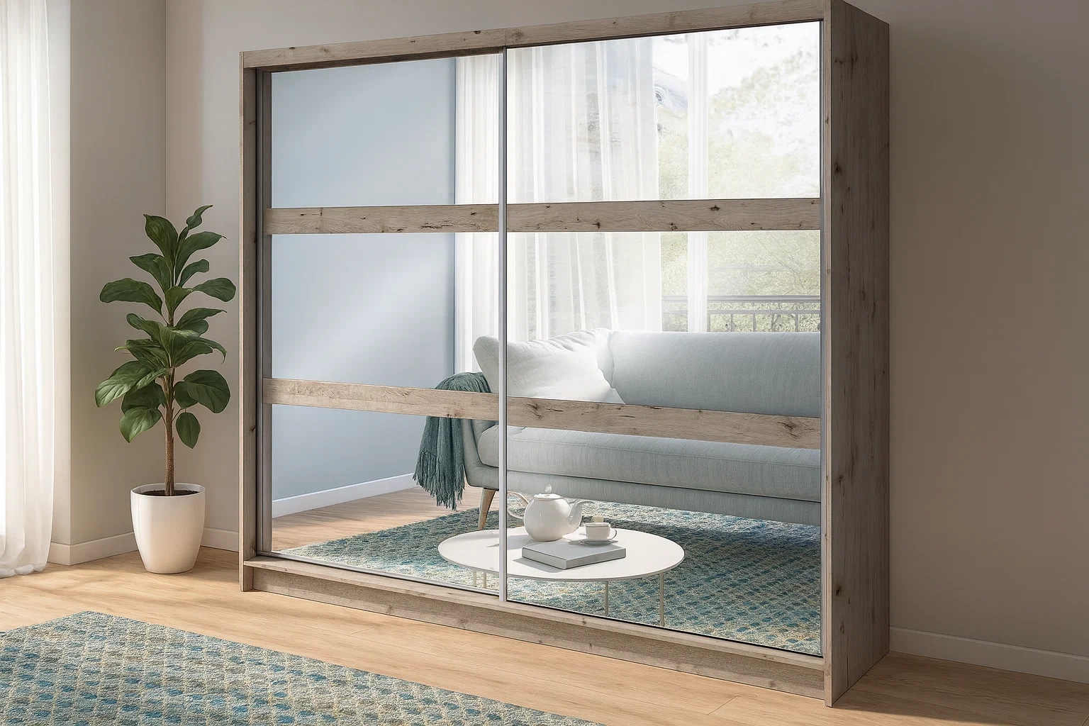 Home affaire Kleiderschrank »PRESSAC mit viel Stauraum, 10 Fächer, 2 Kleiderstangen, Breite 230cm« Garderobe mit 2 Schiebetüren und Spiegel, Masse B/T/H: 230/62/215 cm