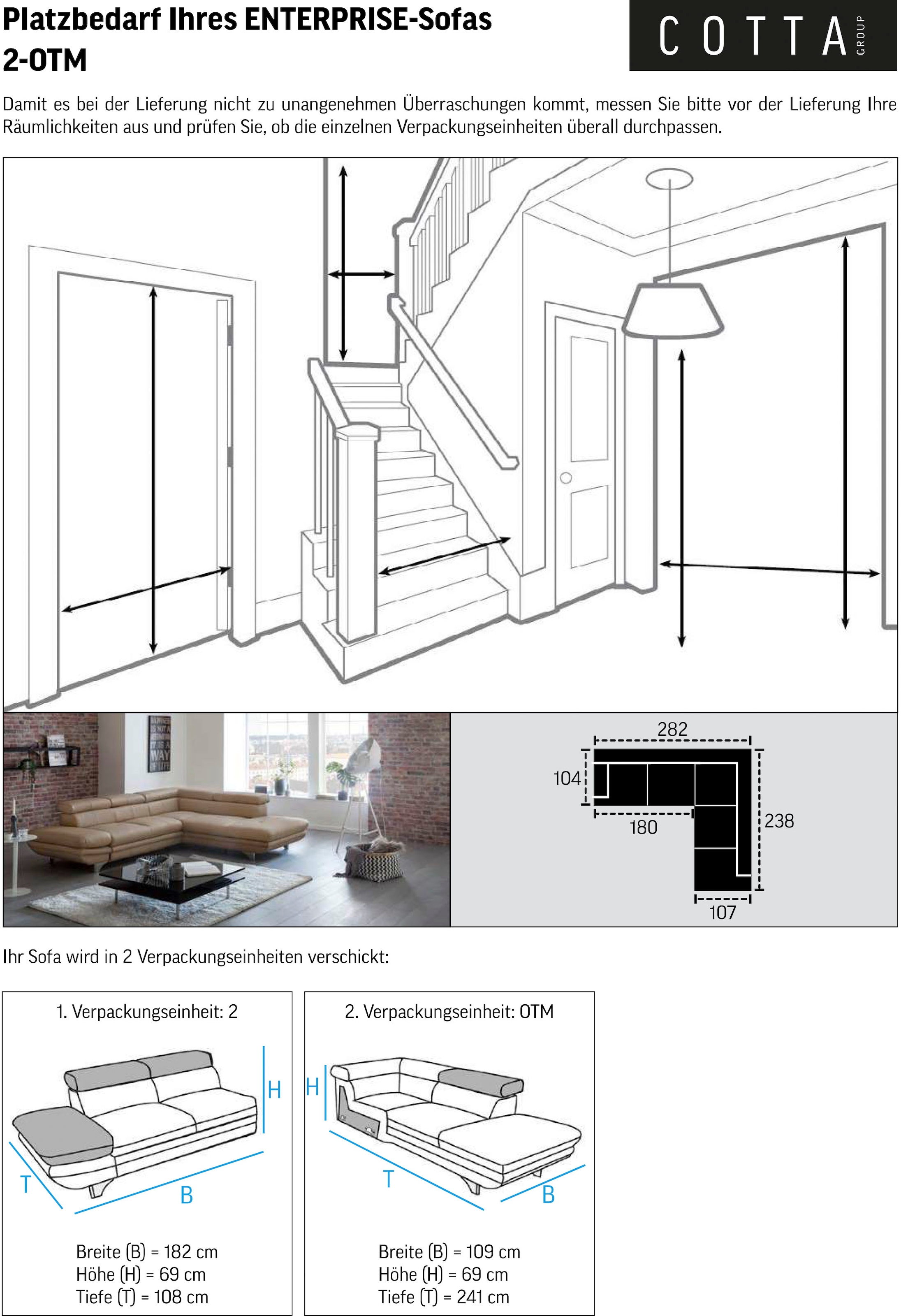 COTTA Polstergarnitur »Enterprise L-Form« Set,  Set bestehend aus: Ecksofa mit Arm- & Kopfteilverstellung & Hocker