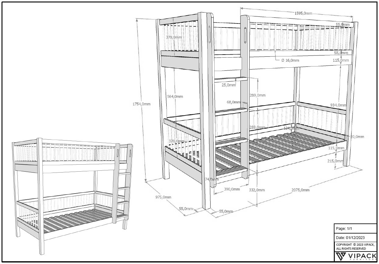 Vipack Etagenbett »Eiche massiv, Made in Europe, langlebige Qualität« B/H/T ca. 208x176x98cm, Schublade+unterer Rausfallschutz optional,  2 Lattenroste, wahlweise mit oder ohne Bettschublade und Absturzschutz