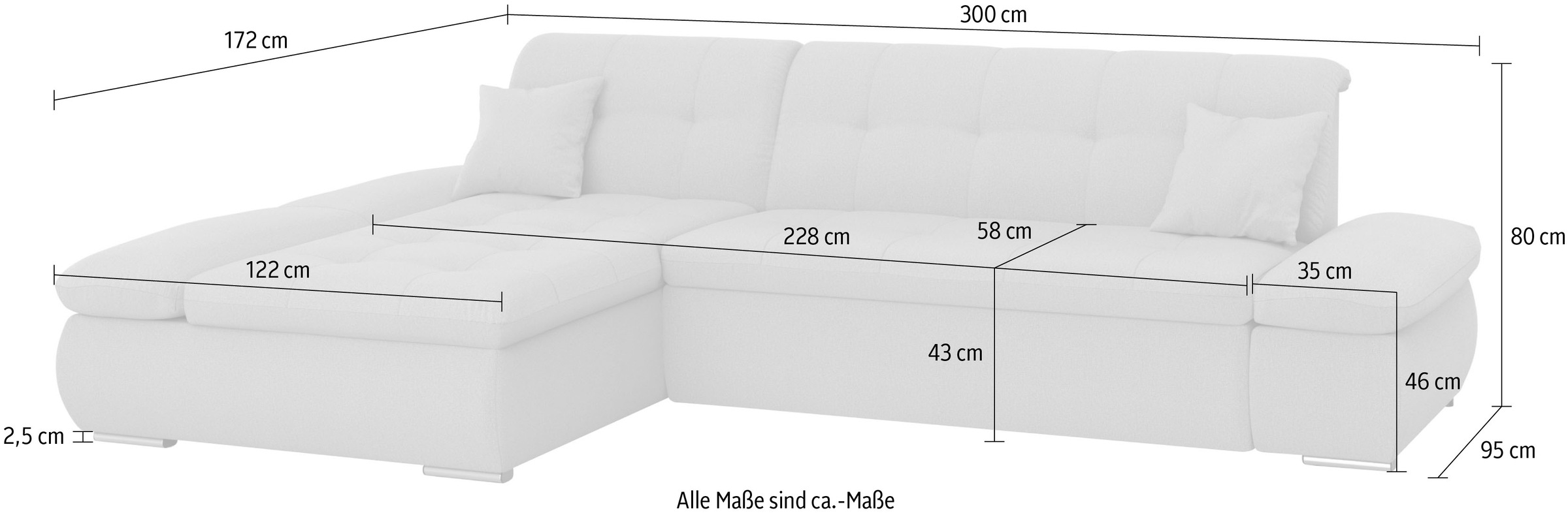 DOMO collection Ecksofa »Moric, L-Form, XXL-Sofa - Breite 300cm«, wahlweise mit Bettfunktion und Armteilverstellung, silberfarben-grau