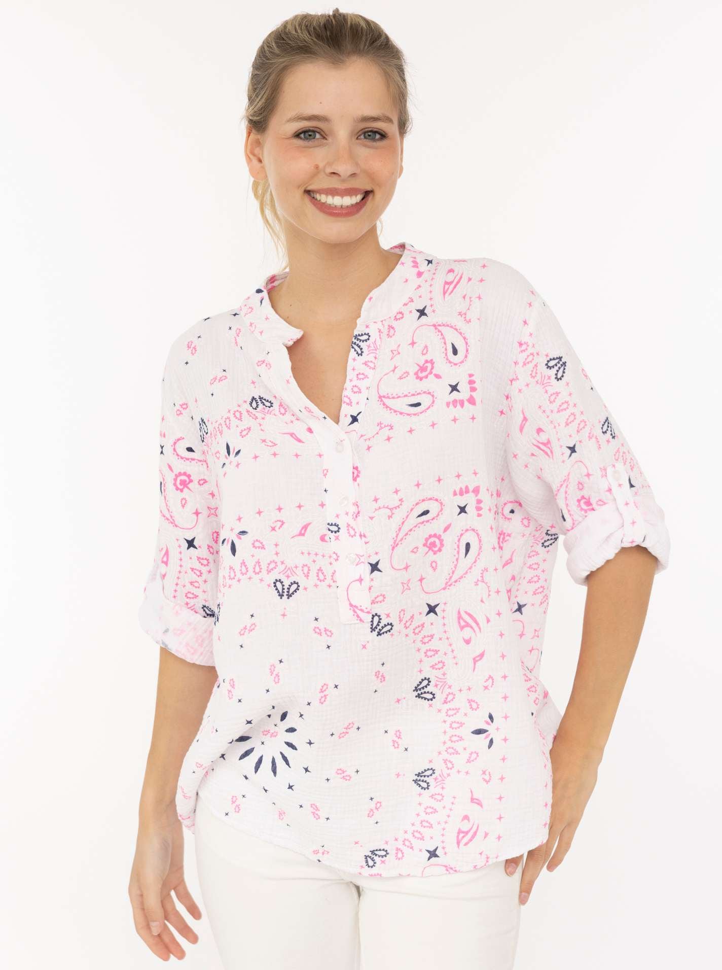 Zwillingsherz Blouse à manches courtes »"Paisley Dreams"« mousseline, motif paisley, manches retroussées, col en V avec patte de boutonnage