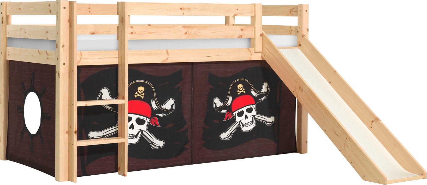 Vipack Lit de jeu »Pino, Kiefer massiv, mit Rolllattenrost u. Textil-Set, Made in Europe« L/H/P env. 210x114x218 cm, avec protection anti-chute, échelle et toboggan,  différents designs textiles et couleurs de bois au choix