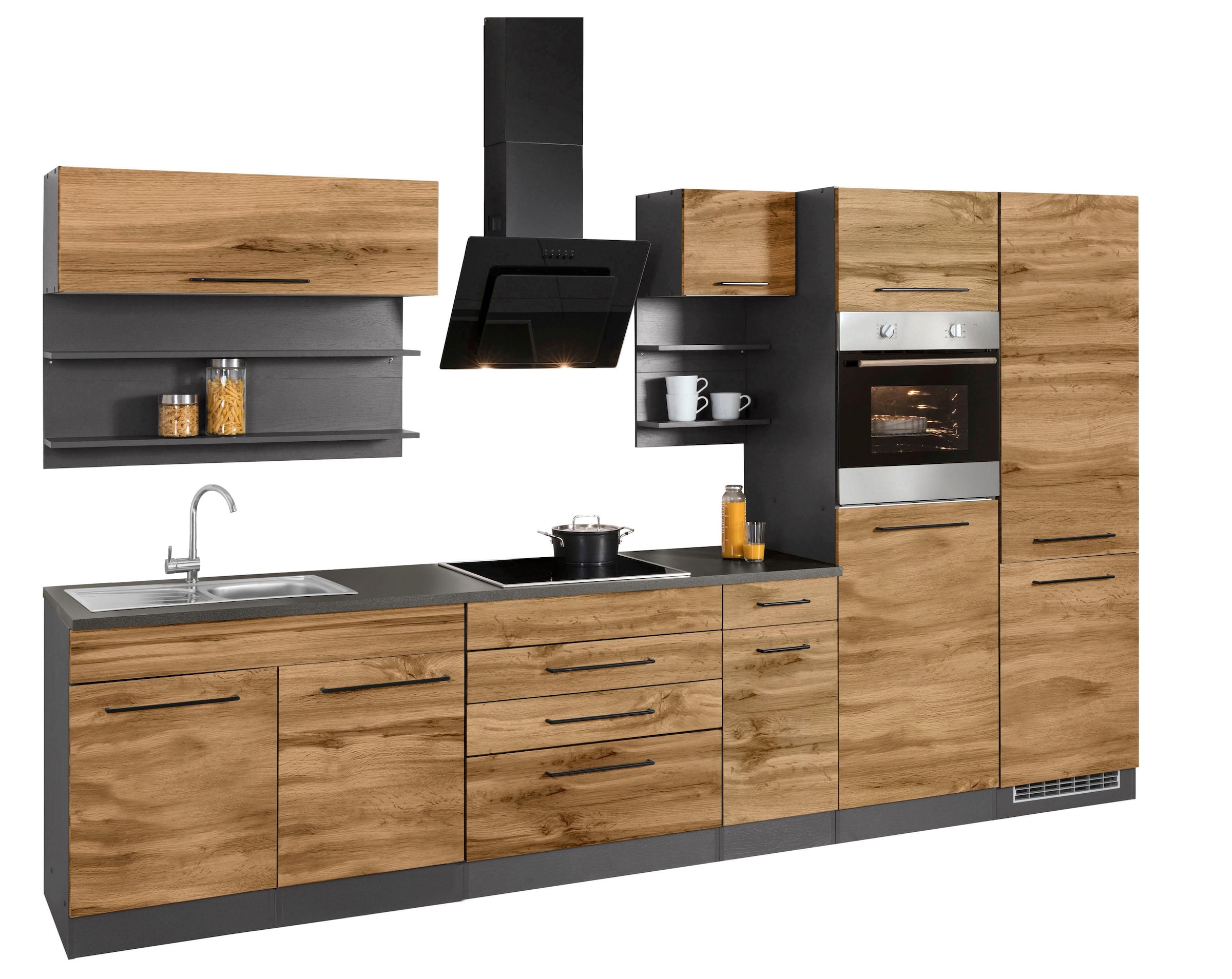 KOCHSTATION Kitchenette »KS-Tulsa« sans appareils électriques, largeur 350 cm, poignées métalliques noires, façades MDF