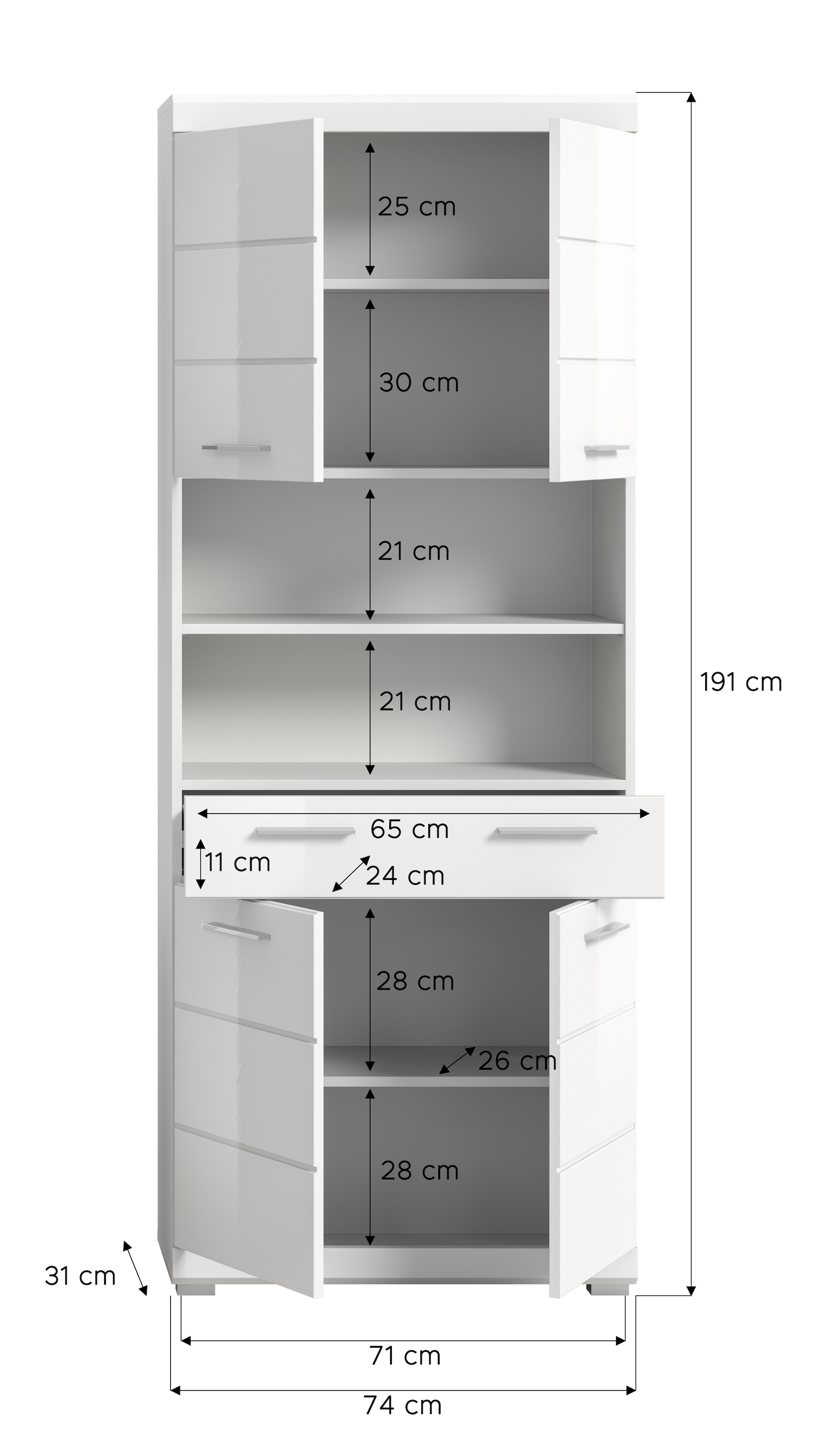 welltime Hochschrank »SIENA, Breite 74cm, 4 Türen, 1 Schubkasten, 2 offene Fächer, MDF-Front« TOPSELLER!,  in verschiedenen Farben erhältlich, Badmöbel, Badschrank, Schrank, Bad
