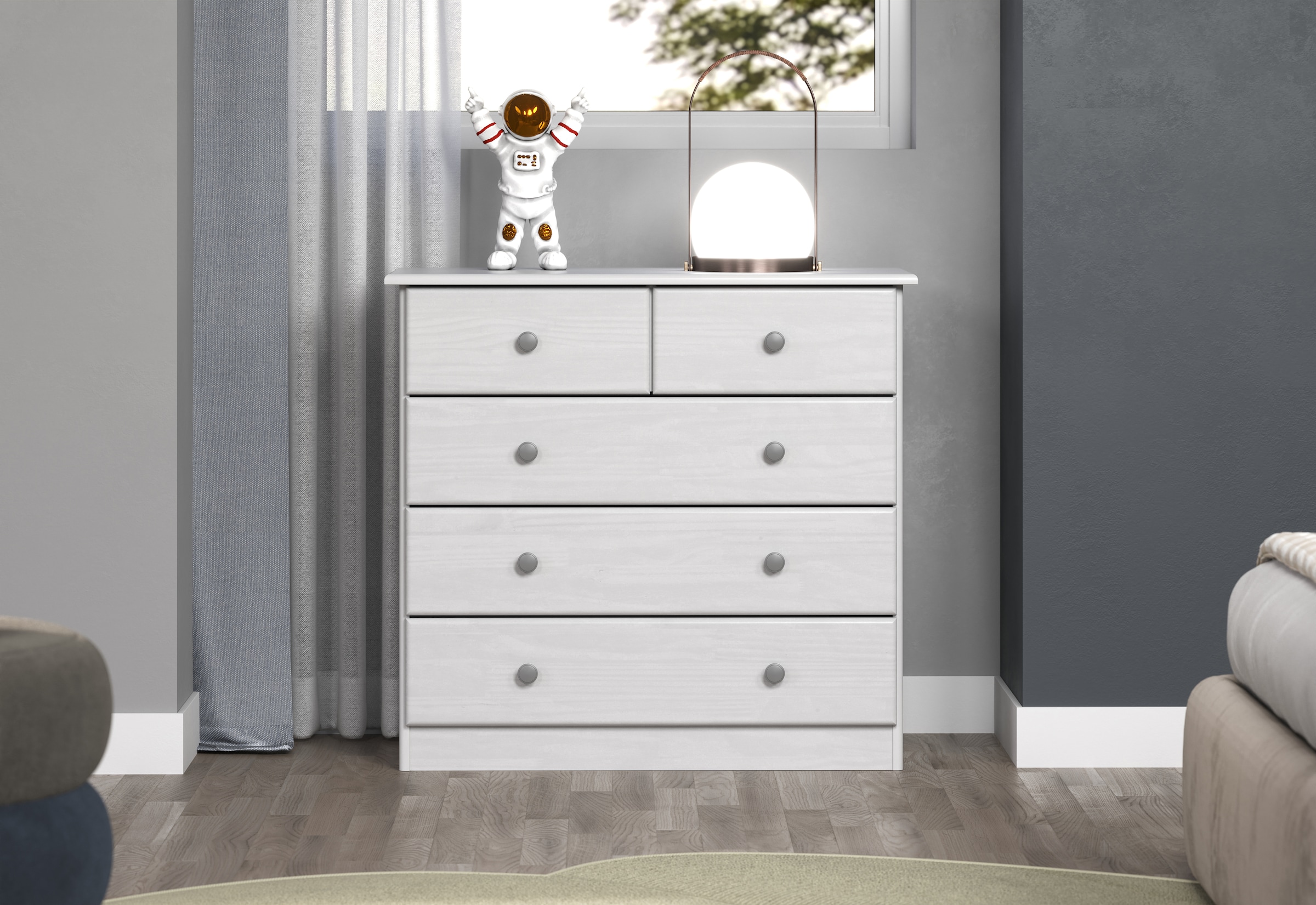 Home affaire Commode à tiroirs »Delsbo Kommode Wäscheschrank Beistellschrank Schrank Bestseller« Landhaus Design aus Kiefernholz, 1 cuis tlg. Massivholz Sideboard mit 5 Schubladen - Metall-Knopfgriffe