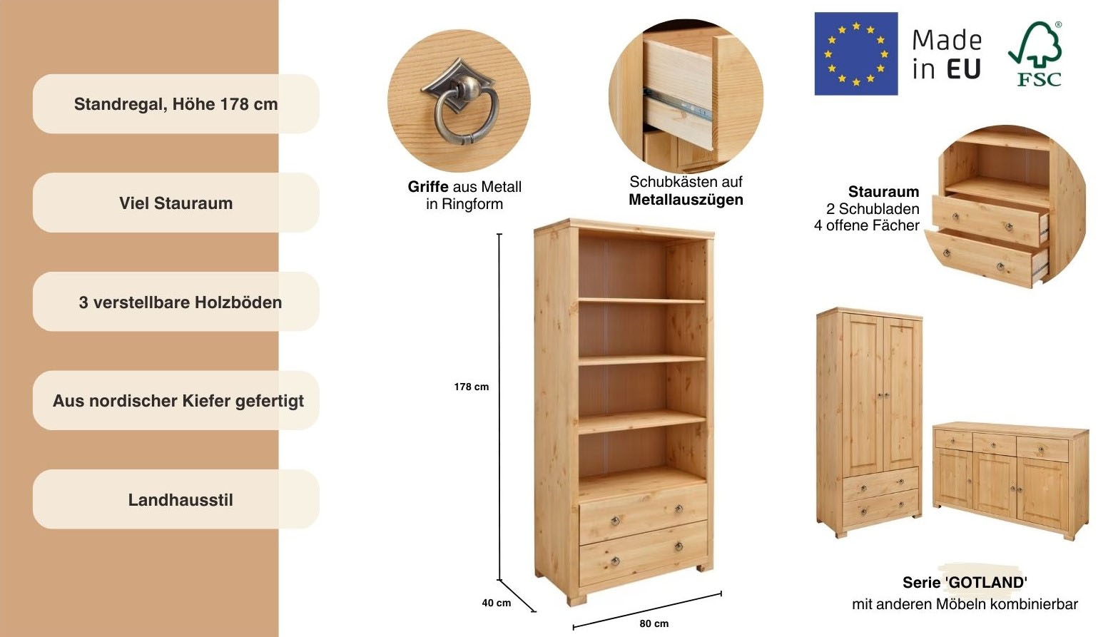 Home affaire Standregal »Gotland«, Breite 80 cm, Höhe 178 cm, aus massiver Kiefer, FSC®