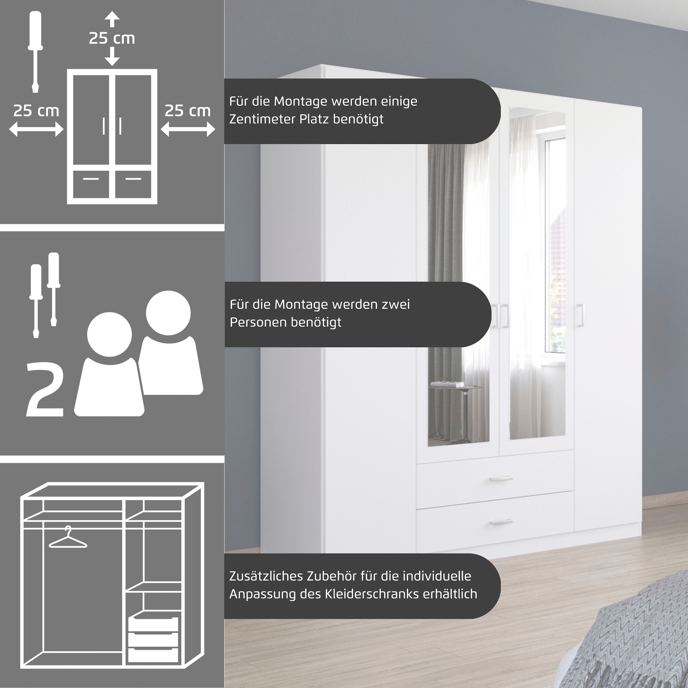 rauch Armoires à vêtements »Schrank Garderobe Ankleide GAMMA Breiten 91/136/181/226/271/315/360 cm« En 3 configurations BASIC/CLASSIC/PREMIUM (avec fonction SOFT-CLOSE),  différentes variantes de poignée, avec miroir TOPSELLER MADE IN GERMANY