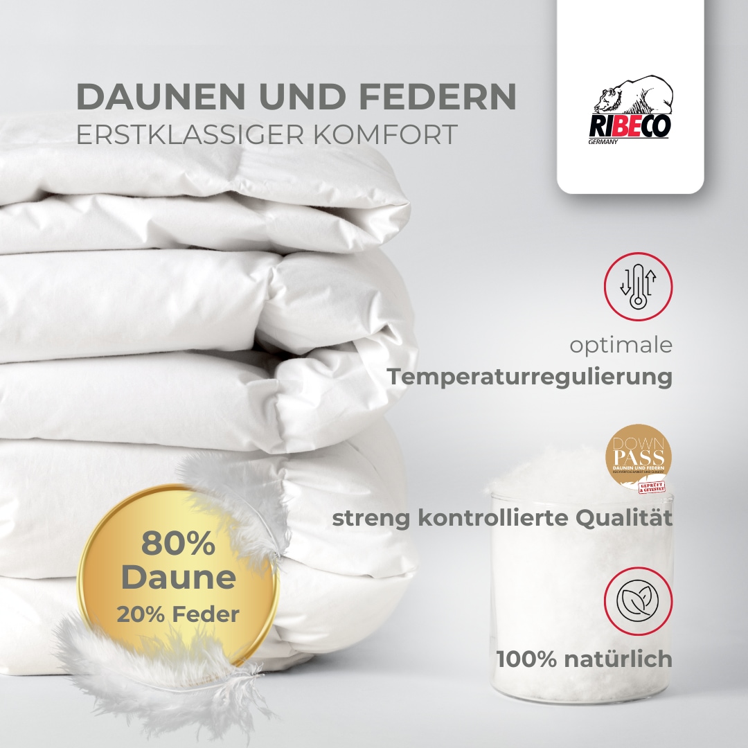 RIBECO Daunenbettdecke »Johanna, Bettdecke in 135x200 und 155x220cm und weiteren Grössen« leicht Füllung 80Daunen20Federn 1 Stk. tlg. Topseller, Daunen und Federn, Daunendecke, Federdecke, Made in Germany