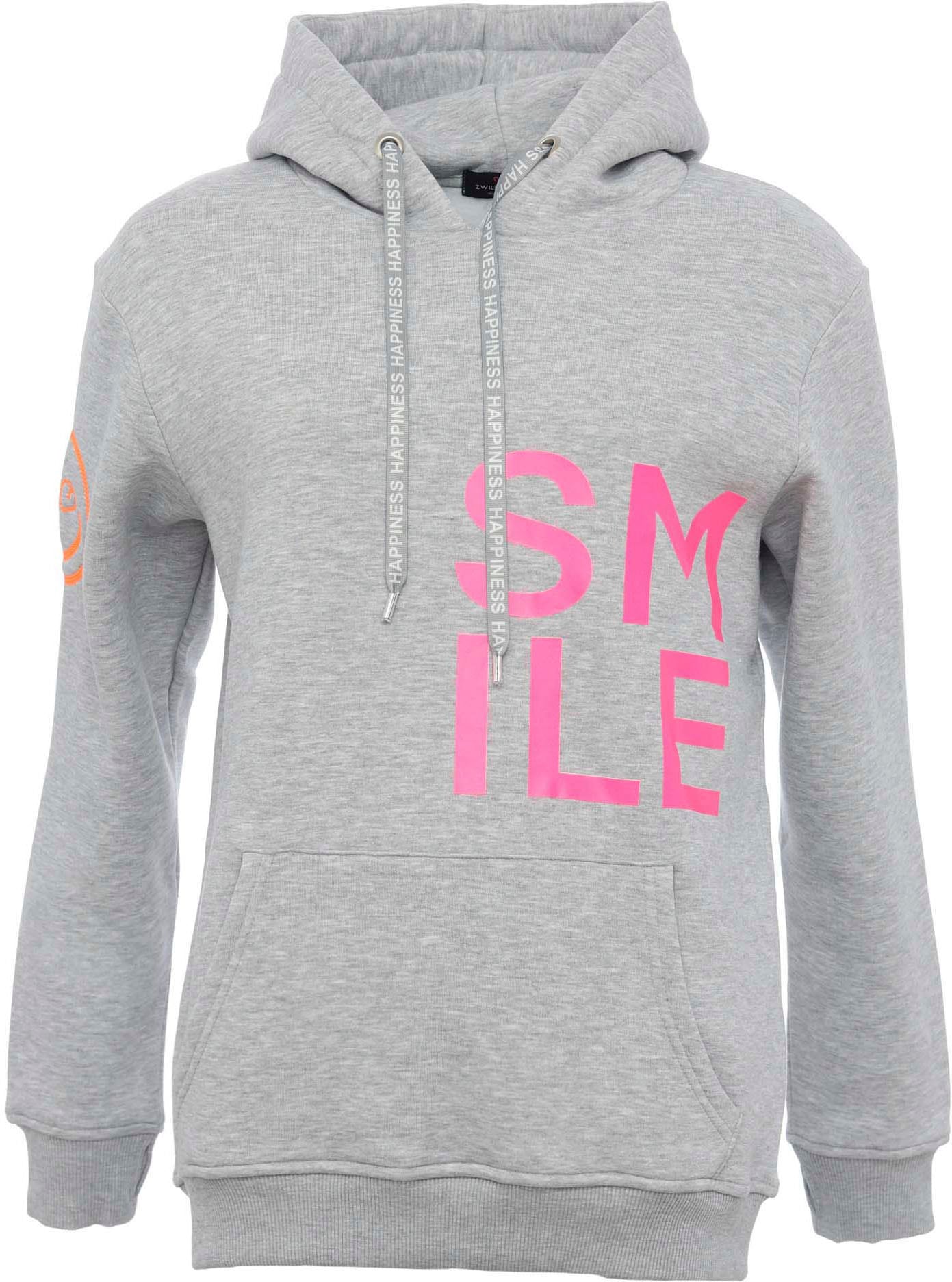 Kapuzensweatshirt, mit "Smile"-Aufdruck in Neonfarben und gesticktem Smiley