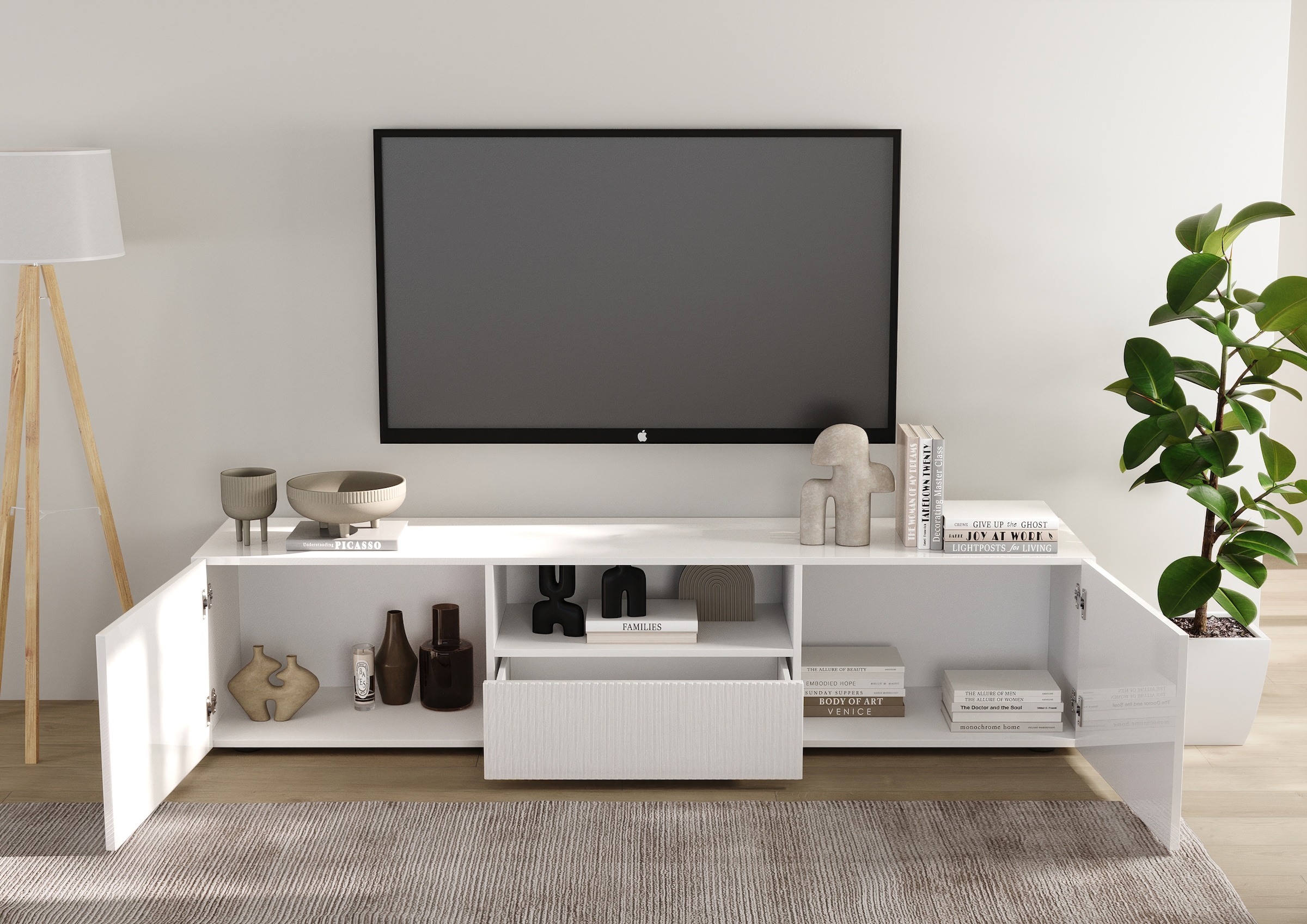Home affaire Table basse »Rio Breite 181 cm, TV-Board 2 Türen u. 1 Schubkasten, TV-Schrank« Façades MDF rainurées, modernes et élégantes, gestion des câbles, beaucoup de rangement