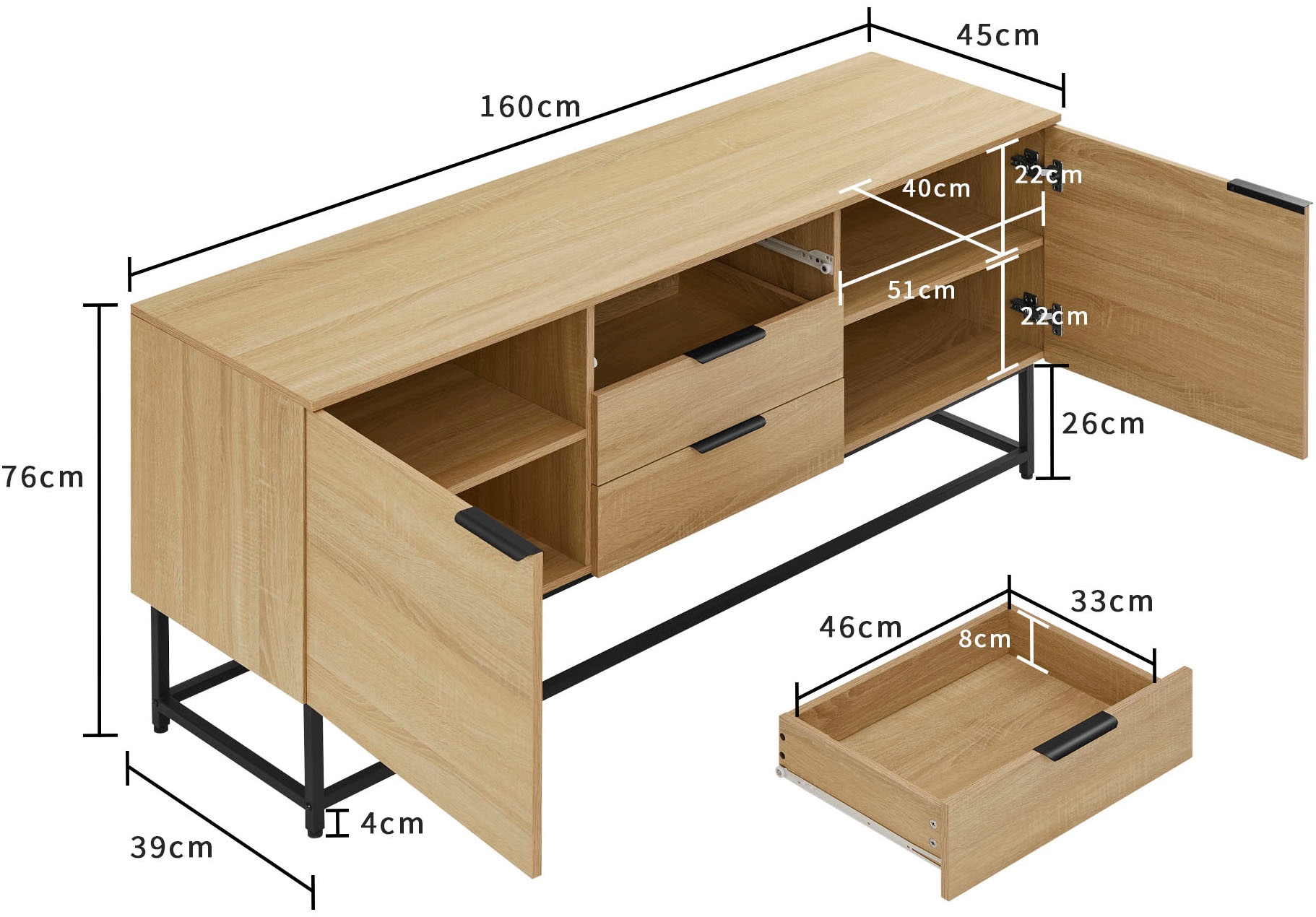 GOODproduct Sideboard »Tayler« pflegeleichte Melaminoberfläche, Metallgestell, Breite 160 cm