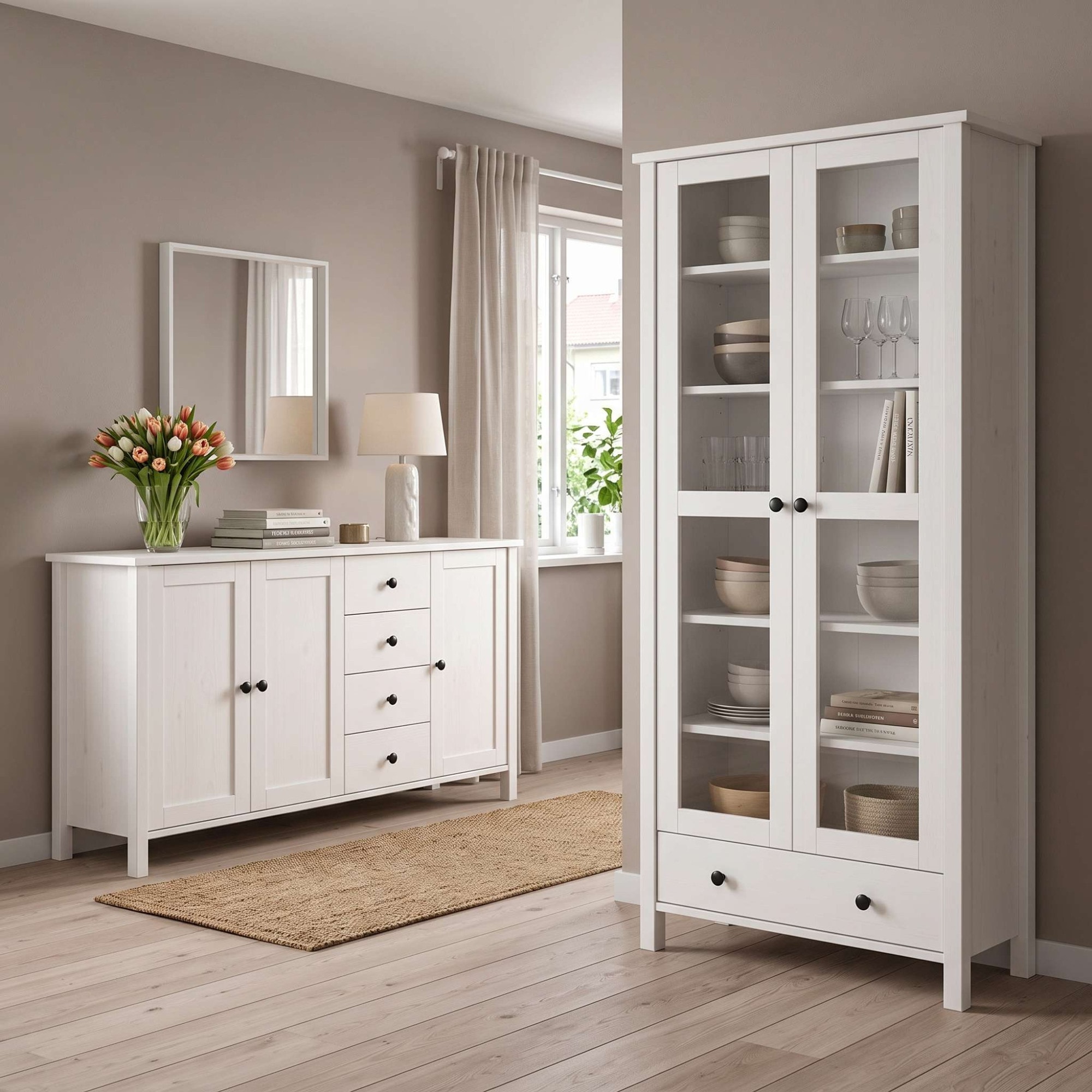 GOODproduct Vitrine »Mikkeli Glasvitrine mit 1 Schubkasten, Knopfgriffen aus Metall« aus massiver FSC®-zertifizierter Kiefer, moderner Landhausstil