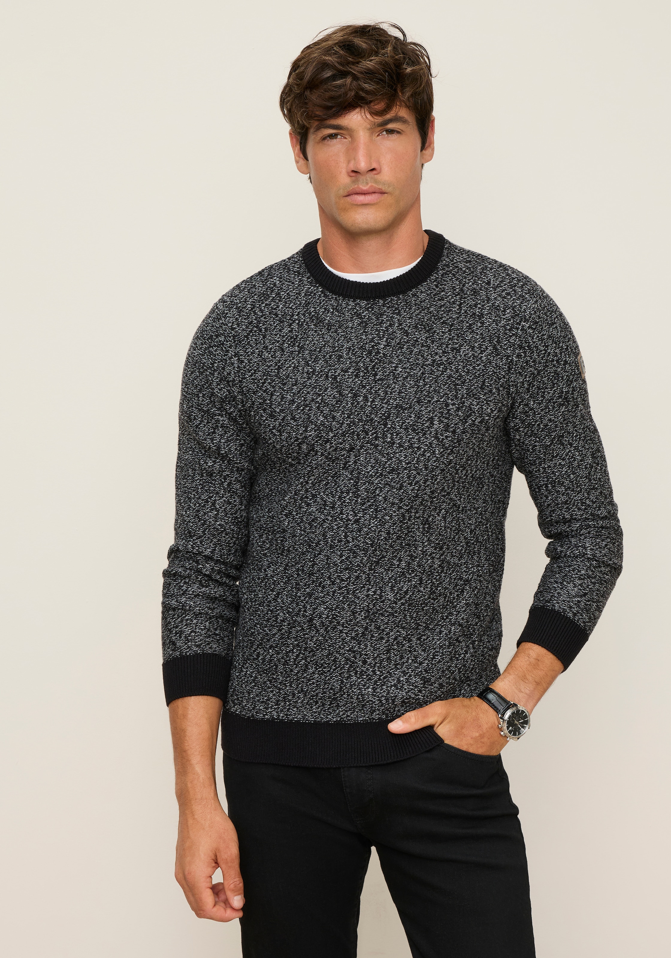 Image of Mans World Rundhalspullover "Neue Kollektion Highlight Strukturqualität" mit Rippbündchen am Ausschnitt, Strickmaterial, melierte Optik