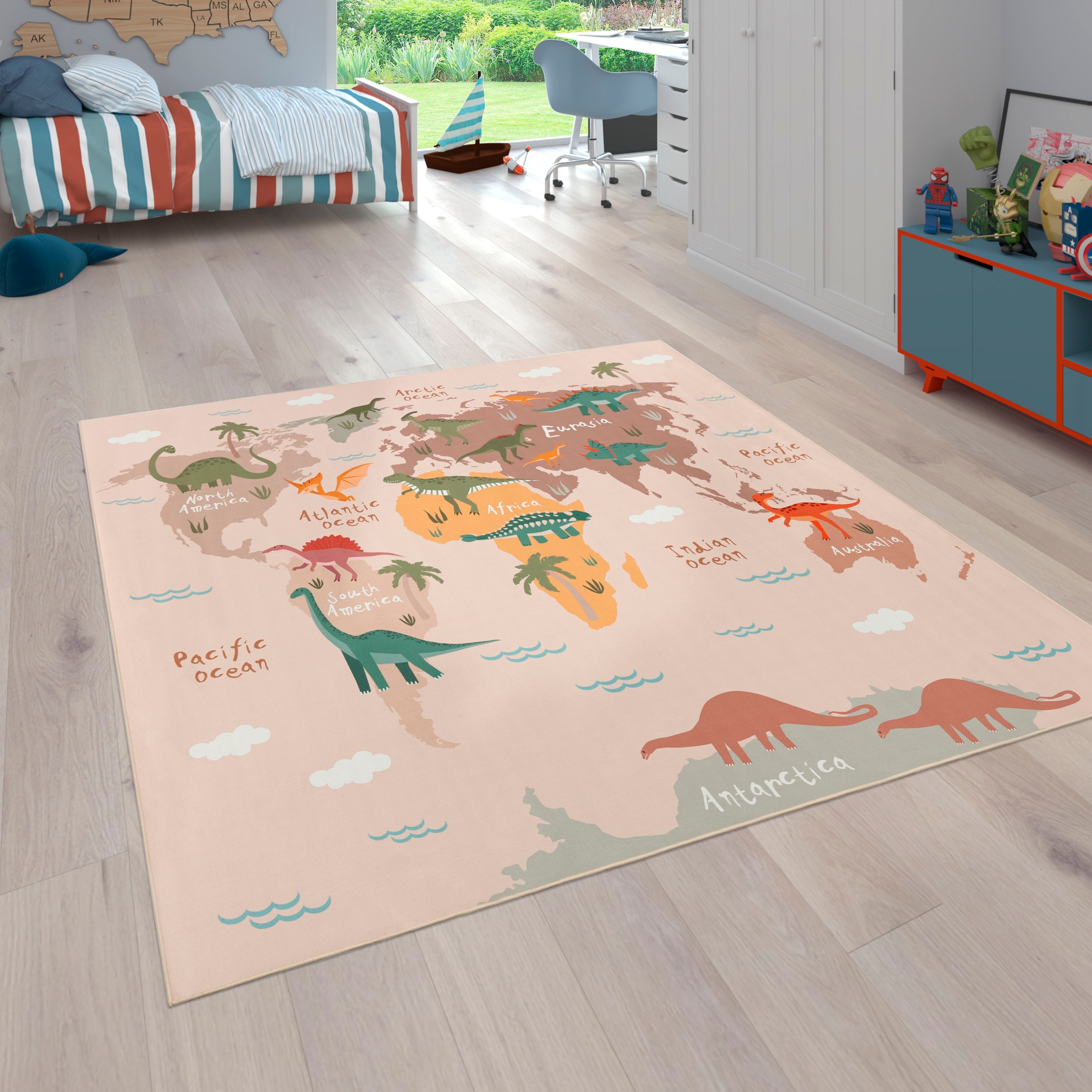 Kinderteppich »Bino 583«, rechteckig, Spielteppich, Motiv Weltkarte & Dinosaurier,...