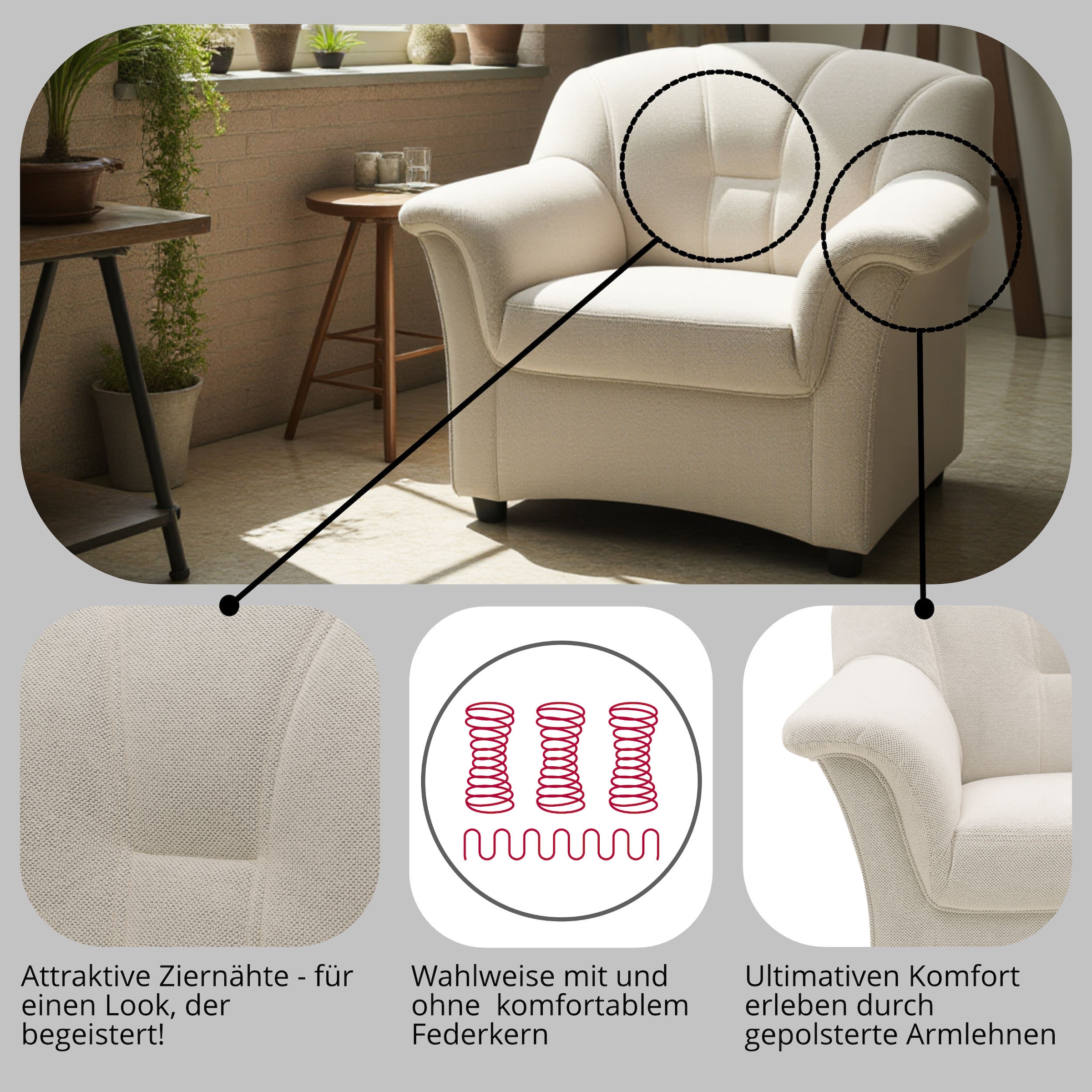 DOMO collection Fauteuil »FLORES 92x82 cm, hochwertig & besonders komfortabel« Parfois avec ressorts ensachés (pas avec structure microfibre PRIMABELLE®)