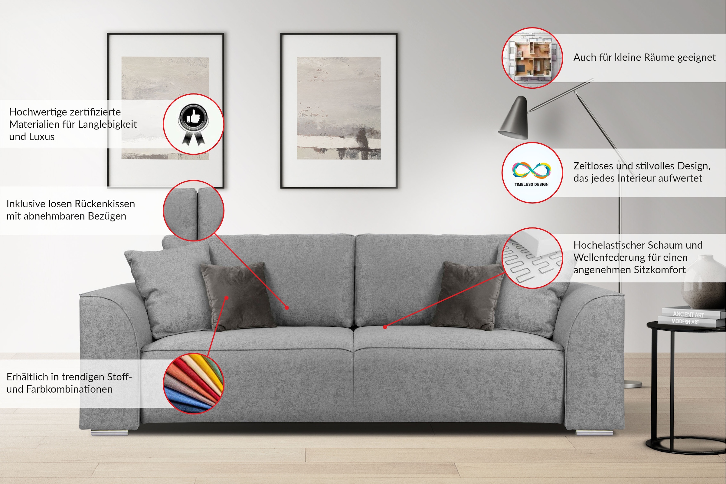 GOODproduct 3-Sitzer »BEATRICE, B: 250 cm - wahlweise mit Bettfunktion« u. Bettkasten, incl. 2 Zierkissen