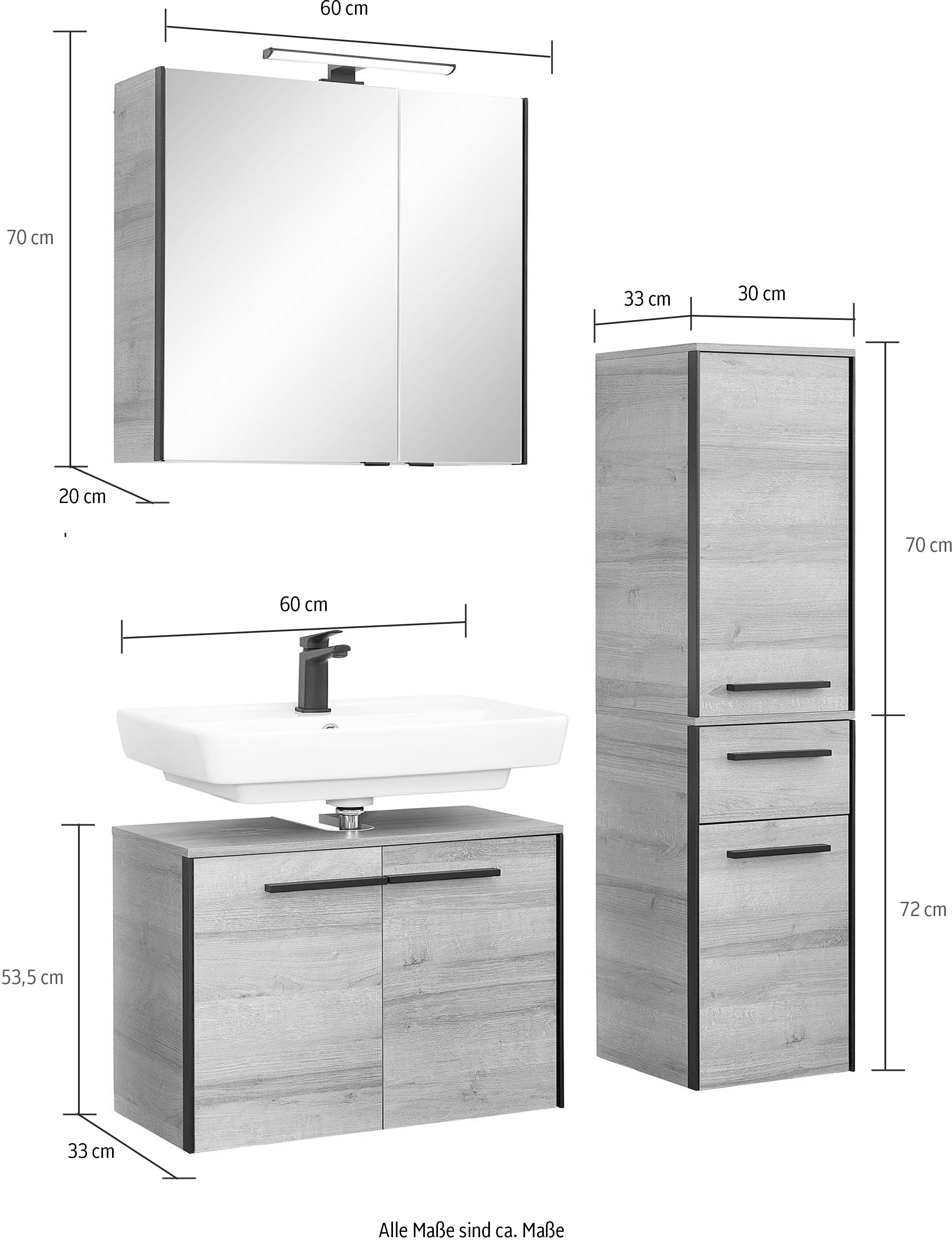 Saphir Ensemble de meubles de salle de bain »Quickset 395 3-teilig, Waschbeckenunterschrank mit LED-Spiegelschrank« 4 cuis tlg.