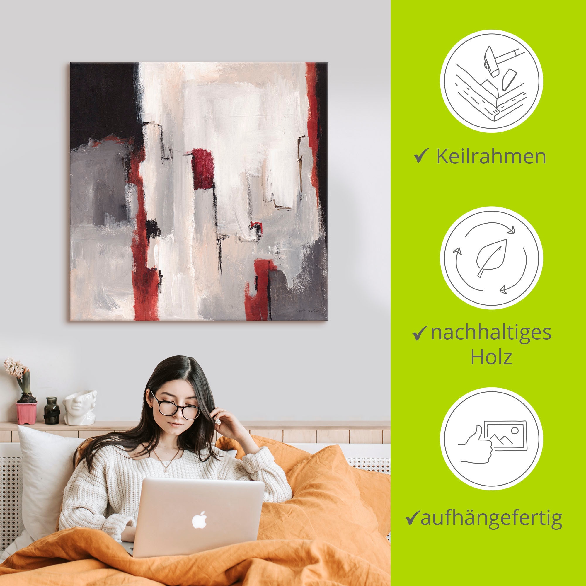 Artland Leinwandbild »Rot an Grau II« Gegenstandslos 1 Stk. tlg. auf Holzrahmen gespannt