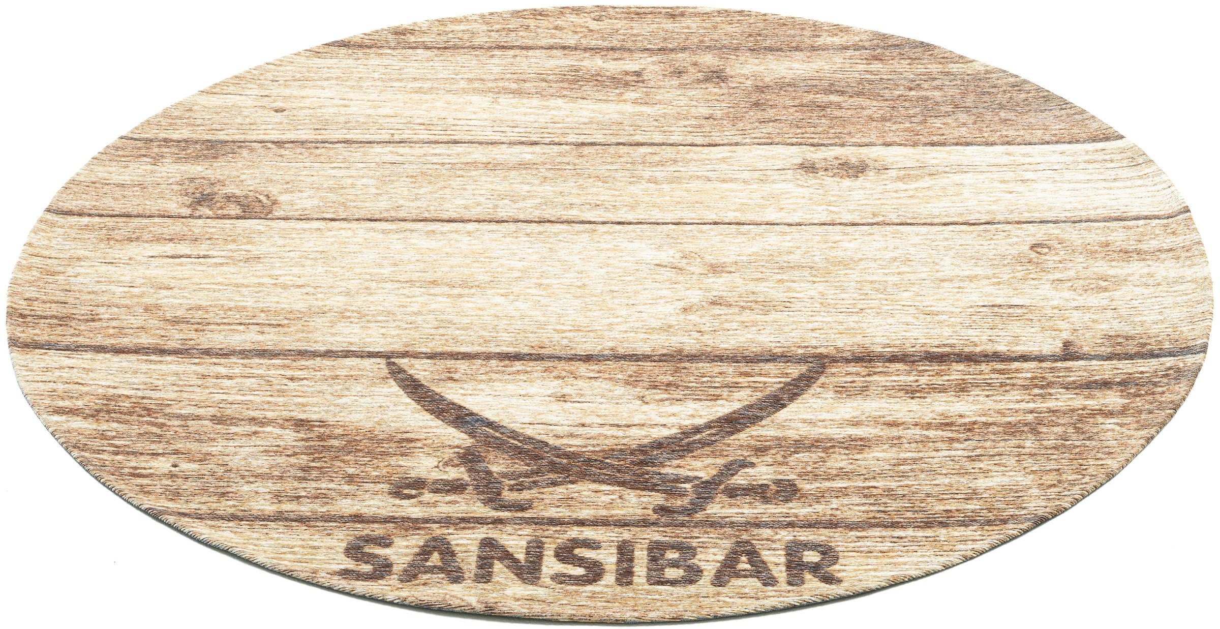 Image of Sansibar Teppich "Keitum 009" rund 3 mm Höhe Flachgewebe, Motiv Holzdielen & gekreuzte Säbel