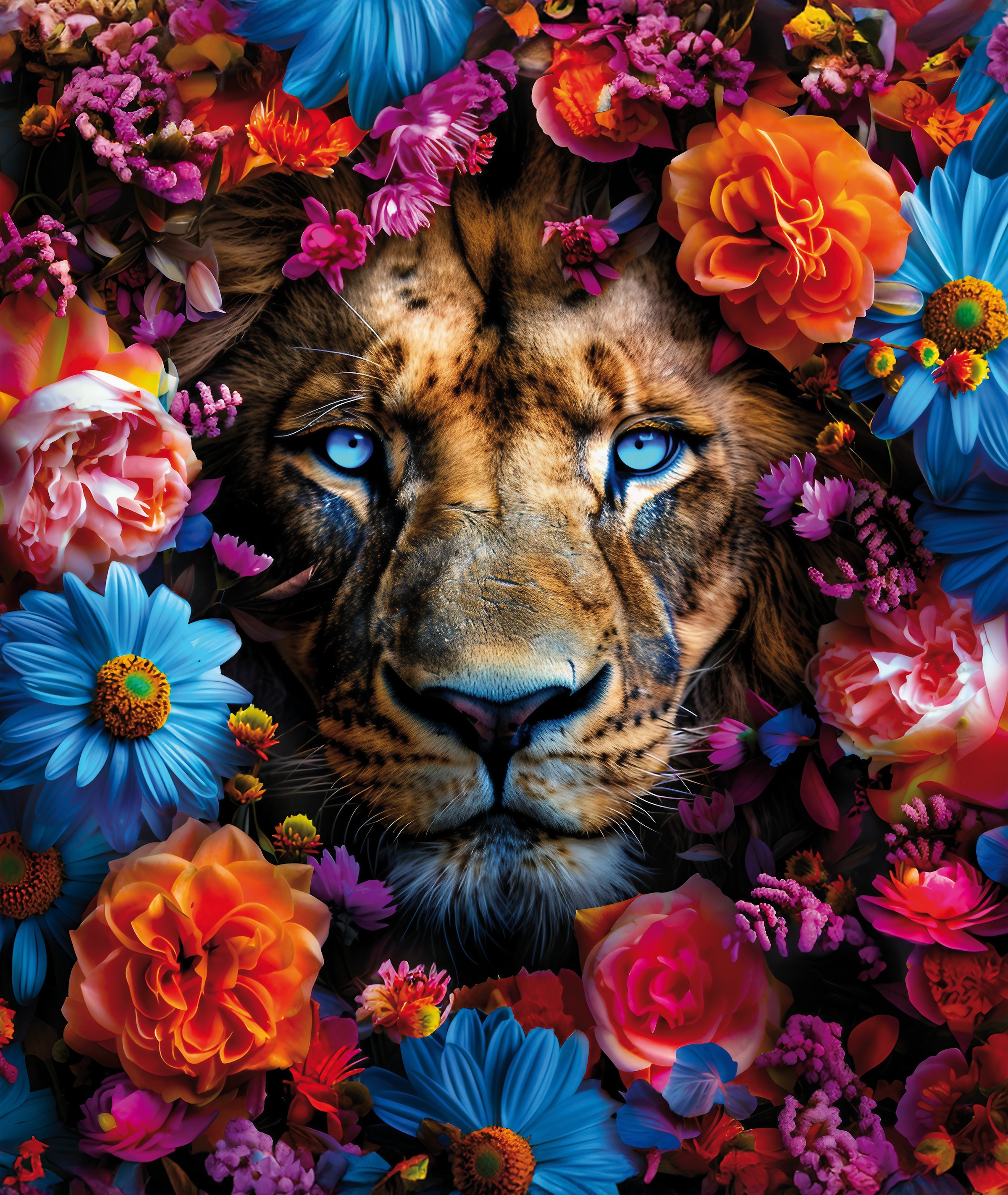 Image of Bönninghoff Leinwandbild "Wandbild LÖWE BLUMENKRANZ XXL 118x140 cm – Leinwandbild Keilrahmen" Blumen Blumenbilder Kunst Löwe Löwen Pflanzen Pflanzenbilder Raubkatzen Tiere 1 Stk. tlg. auf Keilrahmen gespannt