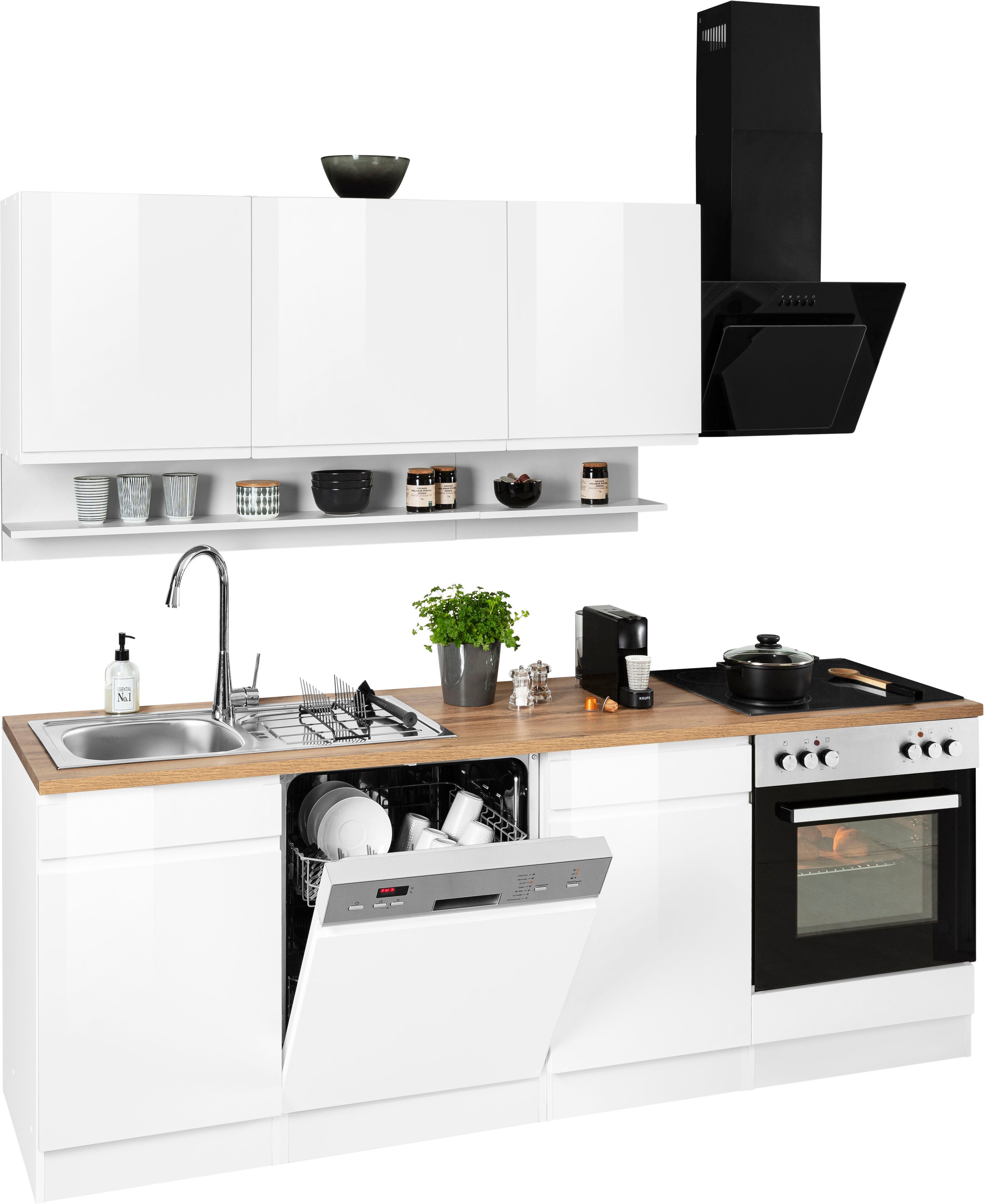 KOCHSTATION Küchenzeile »KS-Virginia,neu in verbesserter Ausführung« Arbeitsplatte 38 mm stark, Stauraum, Softclose,  Breite 220 cm, Soft-Close, wahlweise mit E-Geräten