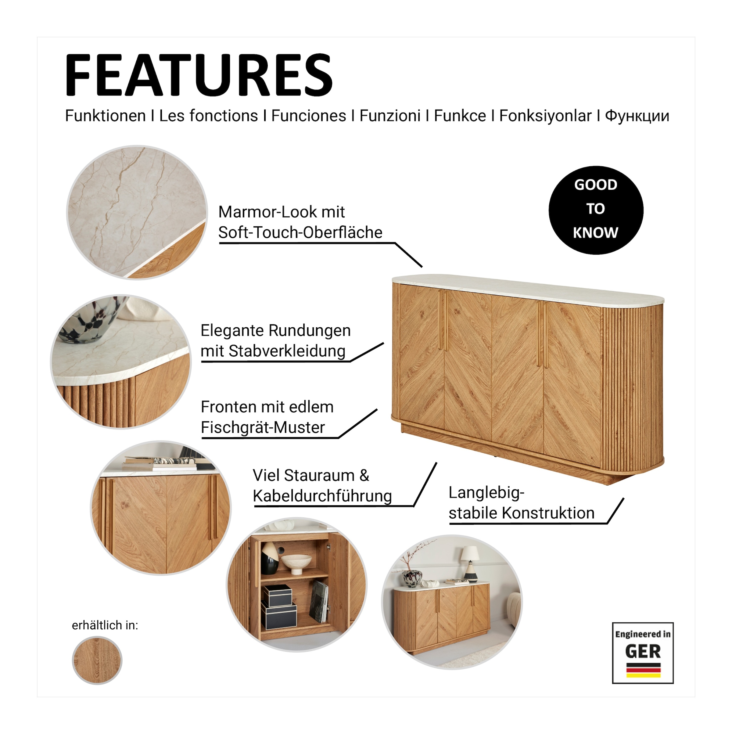 Jahnke Sideboard »ARROW SB 160« 1 Stk. tlg. Sideboard, abgerundet, Fischgrät-Muster, Breite 159,5 cm