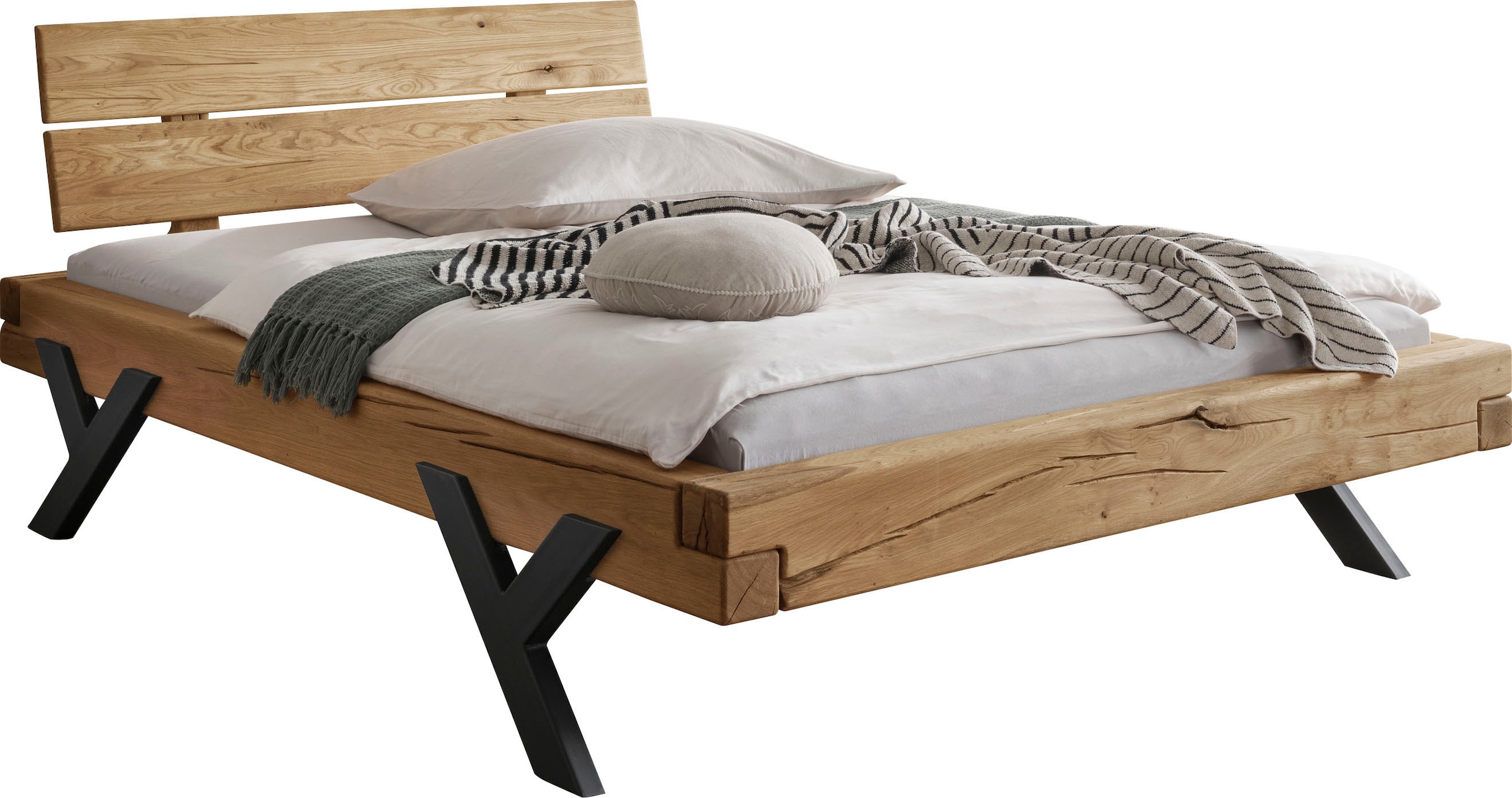 Image of Home affaire Massivholzbett "Ultima Balkenbett Doppelbett, Füsse aus Metall in Y-Form" hohe Belastbarkeit: 200kg je Seite, FSC-zertifizierte Wildeiche oder Fichte, viele Breiten zur Auswahl