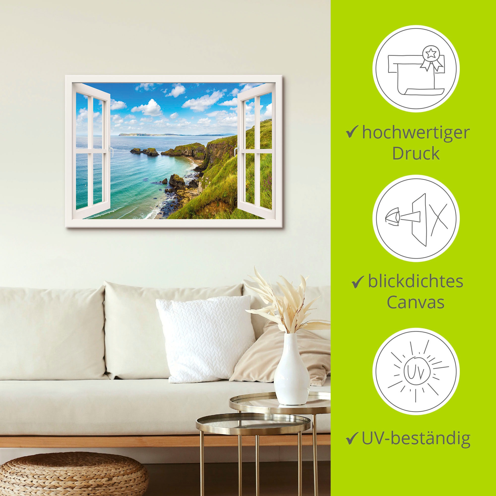Artland Wandbild »Küstenweg in Nordirland durchs Fenster«, Meer Bilder, (1 St.), als Leinwandbild, Wandaufkleber oder Poster in versch. Grössen