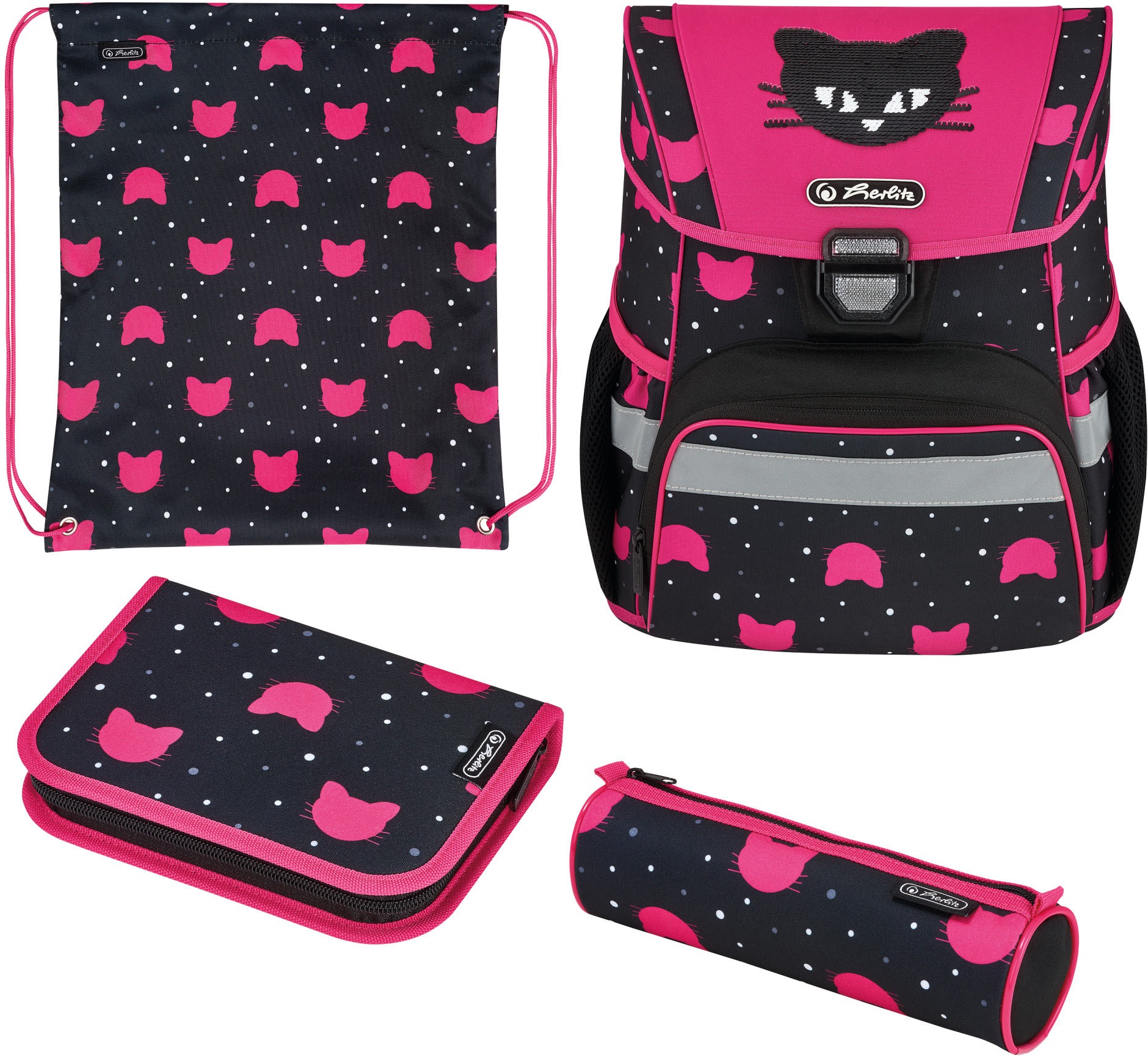 Image of Herlitz Schulranzen »Loop Plus Black Cat«, Floureszierende Flächen-reflektierende Streifen auf den Schultergurten-Reflektoren bei Ackermann Versand Schweiz