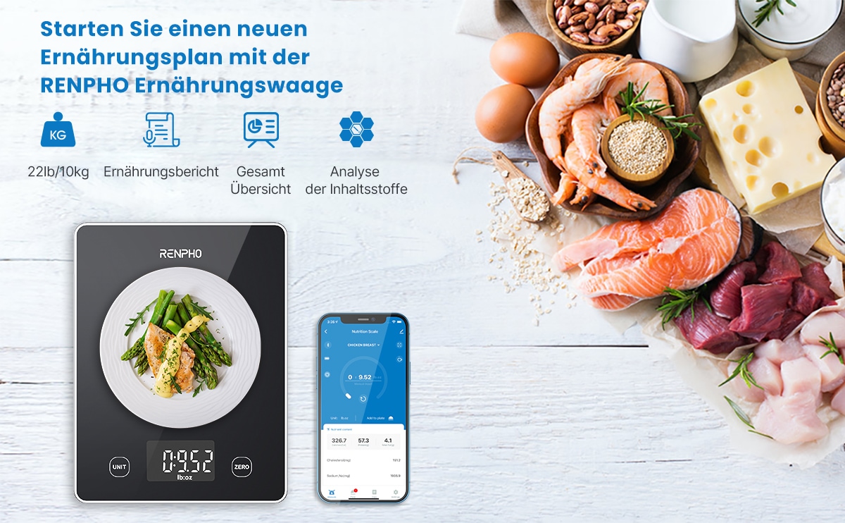 Renpho Küchenwaage »Calibra 1L Smart Nutrition Scale T001«, Smarte Küchenwaage für präzise Ernährungstracking & Zielerreichung