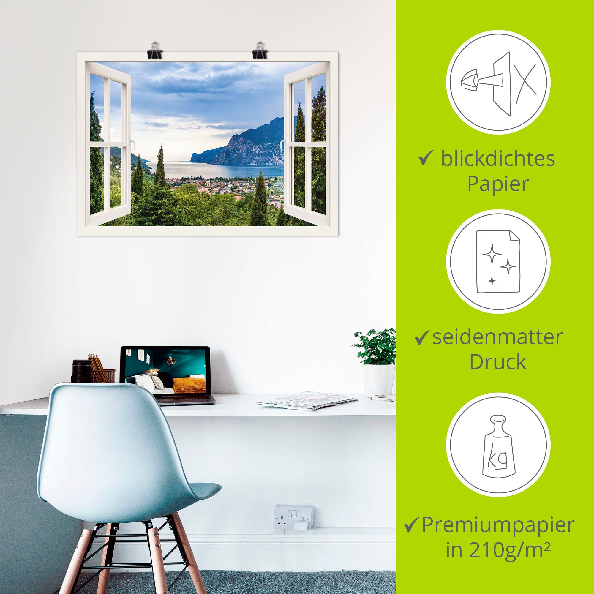 Artland Wandbild »Gardasee durchs weisse Fenster«, Seebilder, (1 St.), als Alubild, Outdoorbild, Leinwandbild, Poster, Wandaufkleber