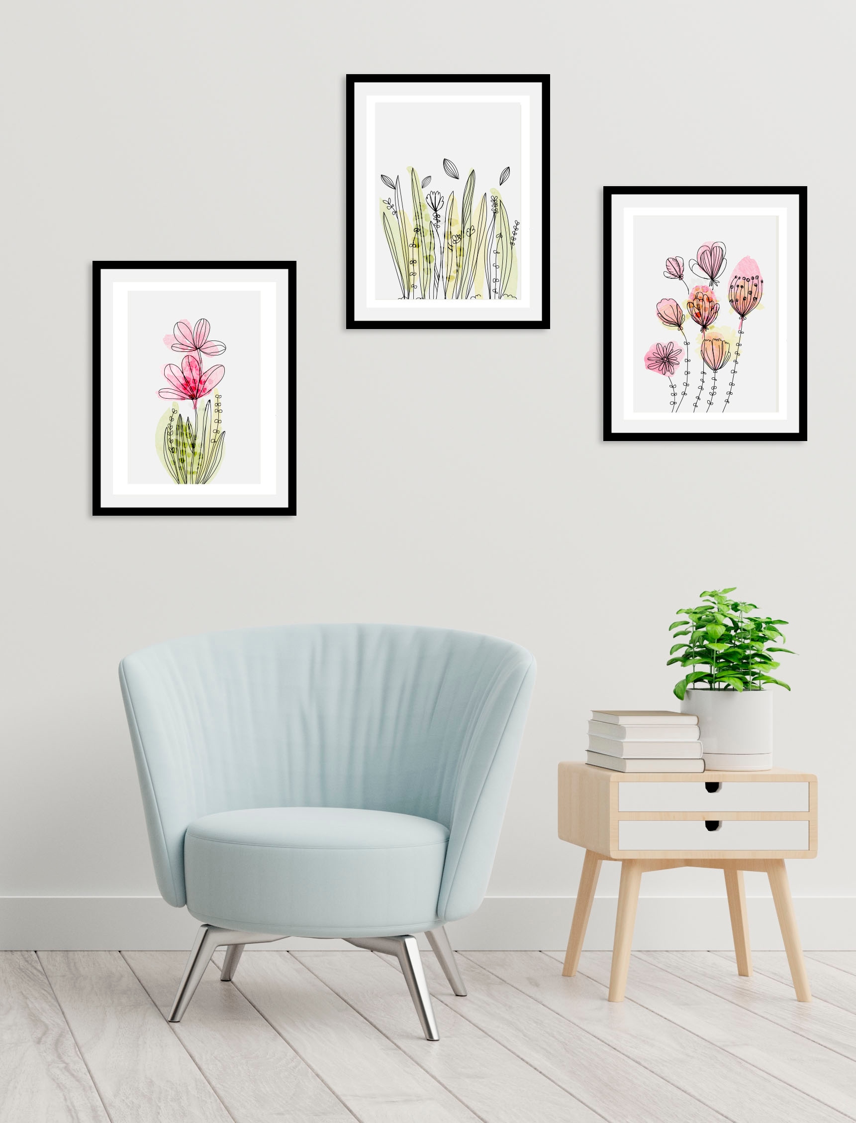 queence Bild »Aquarell Zeichnungen Flora Dream«, (1 St.), HD Premium Poster-Druck inkl. Holzrahmen - 3er Set