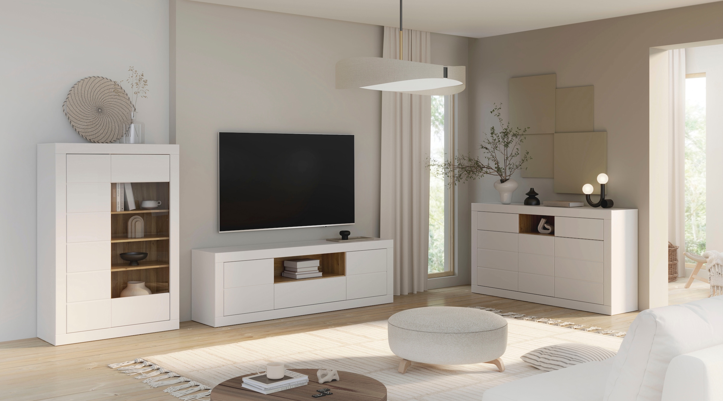 FORTE Vitrine »Lefkadas« BxH=101x151,2 cm,  Highboard, grifflose Front, breite Rahmenoptik, Tür mit Glaseinsatz