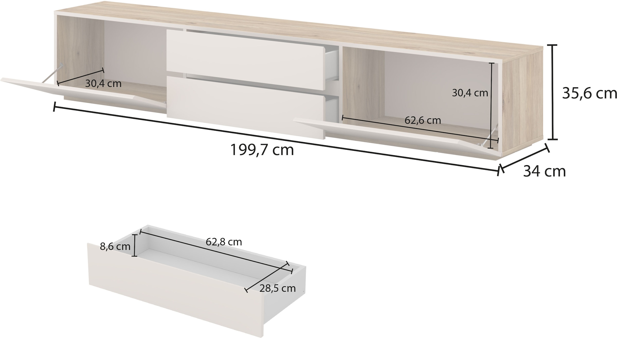 INOSIGN Table basse »Criss, Breite 200 cm, moderne grifflose TV-Kommode« TV-Kommode, TV-Schrank, hängend und stehend montierbar