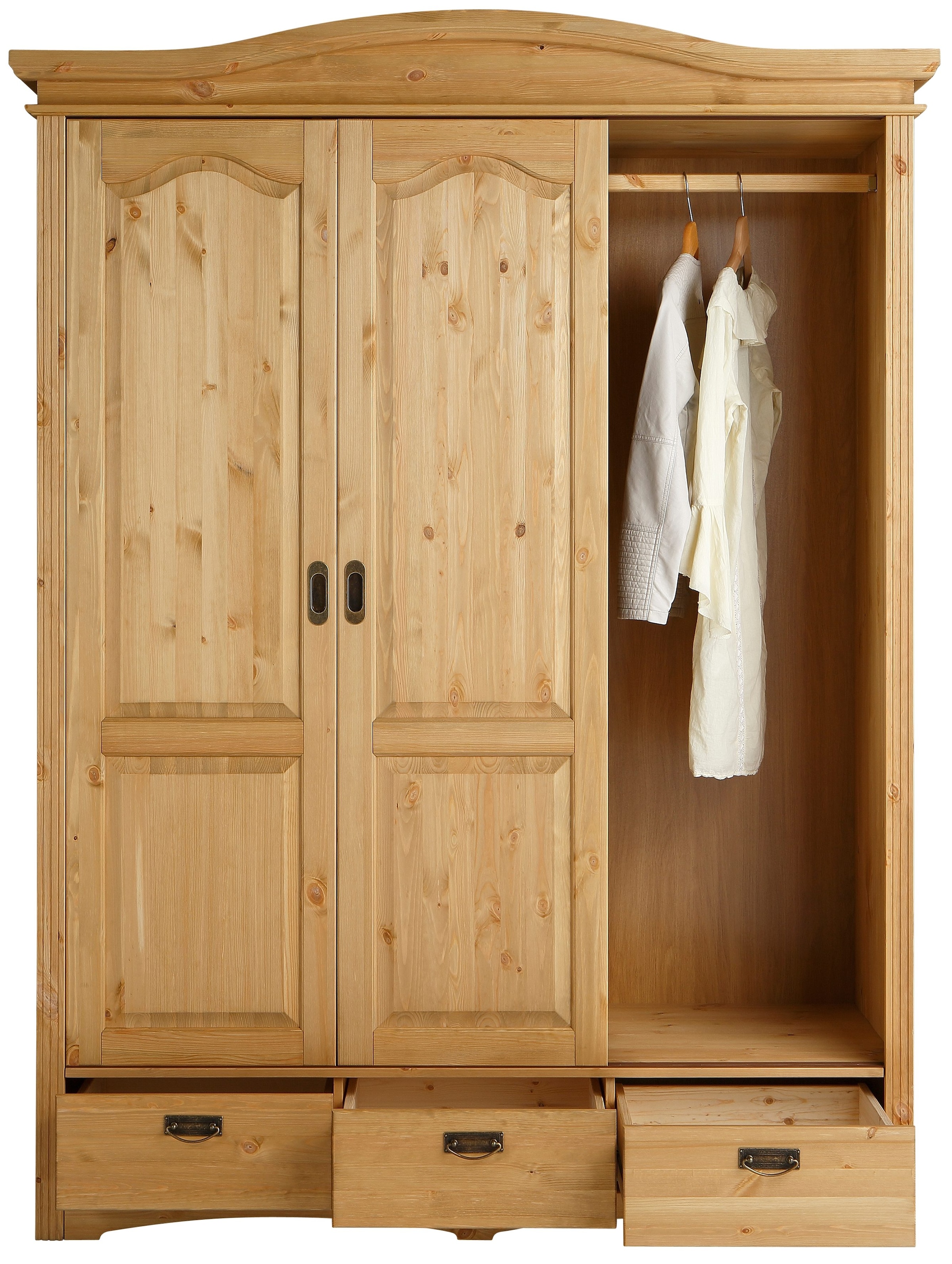 Home affaire Schiebetürenschrank »Konrad, Landhausstil, rustikal, mit Schubladen + Spiegel, Kassetten« 3 Breiten: 153/202/249 cm  H/T ca.207/64 cm,  massive Kiefer, FSC®-zertifiziert, Messinggriffe, mehrere Varianten