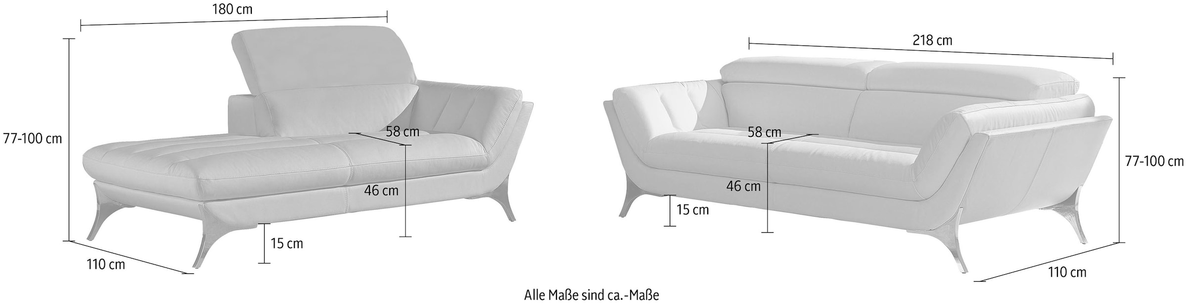 Egoitaliano Polstergarnitur »Sueli«, (Set), bestehend aus Sofa und Recamiere,  Kopfteilverstellung, Bezug Leder günstig kaufen