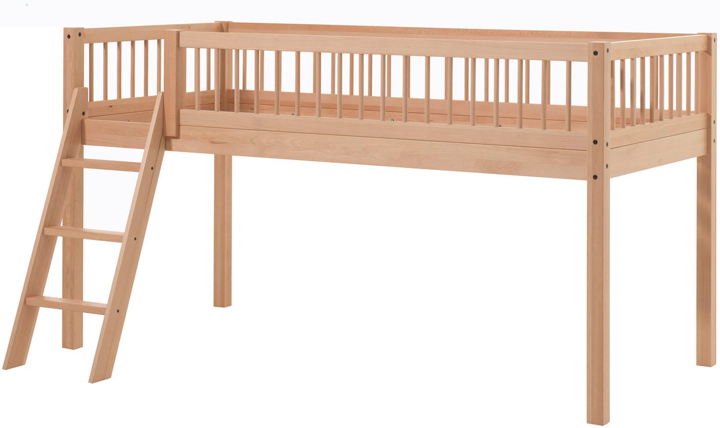 Image of Vipack Spielbett "Forrest halbhoch mit Leiter und Absturzschutz in Sprossen-Optik" Liegefläche 90/200cm inkl. Massivholz Rolllattenrost, ideal für das Kinderzimmer, Buche massiv natur lackiert