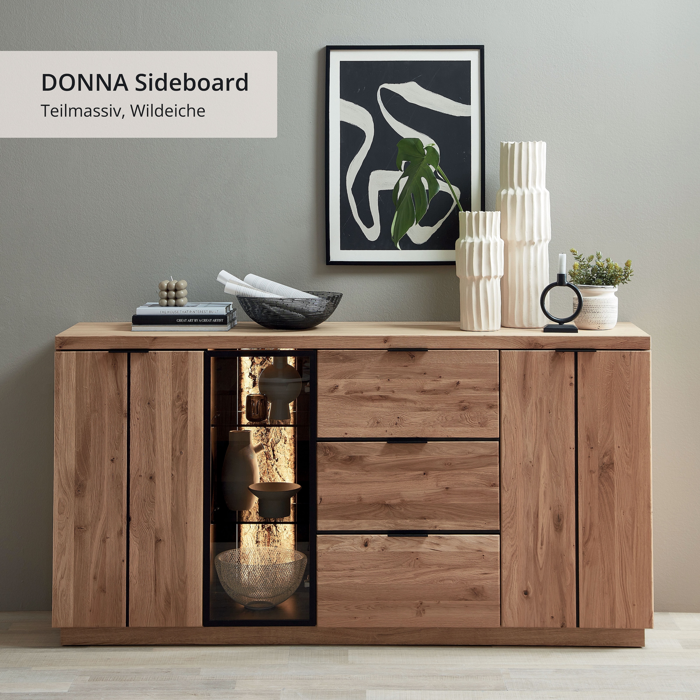Wohnconcept Sideboard »Donna Sideborad, 180x93x48 (BxHxT)« 1 Stk. tlg. Beleuchtung optional bestellbar, 3 türig, 3 Schubkasten, Softclose