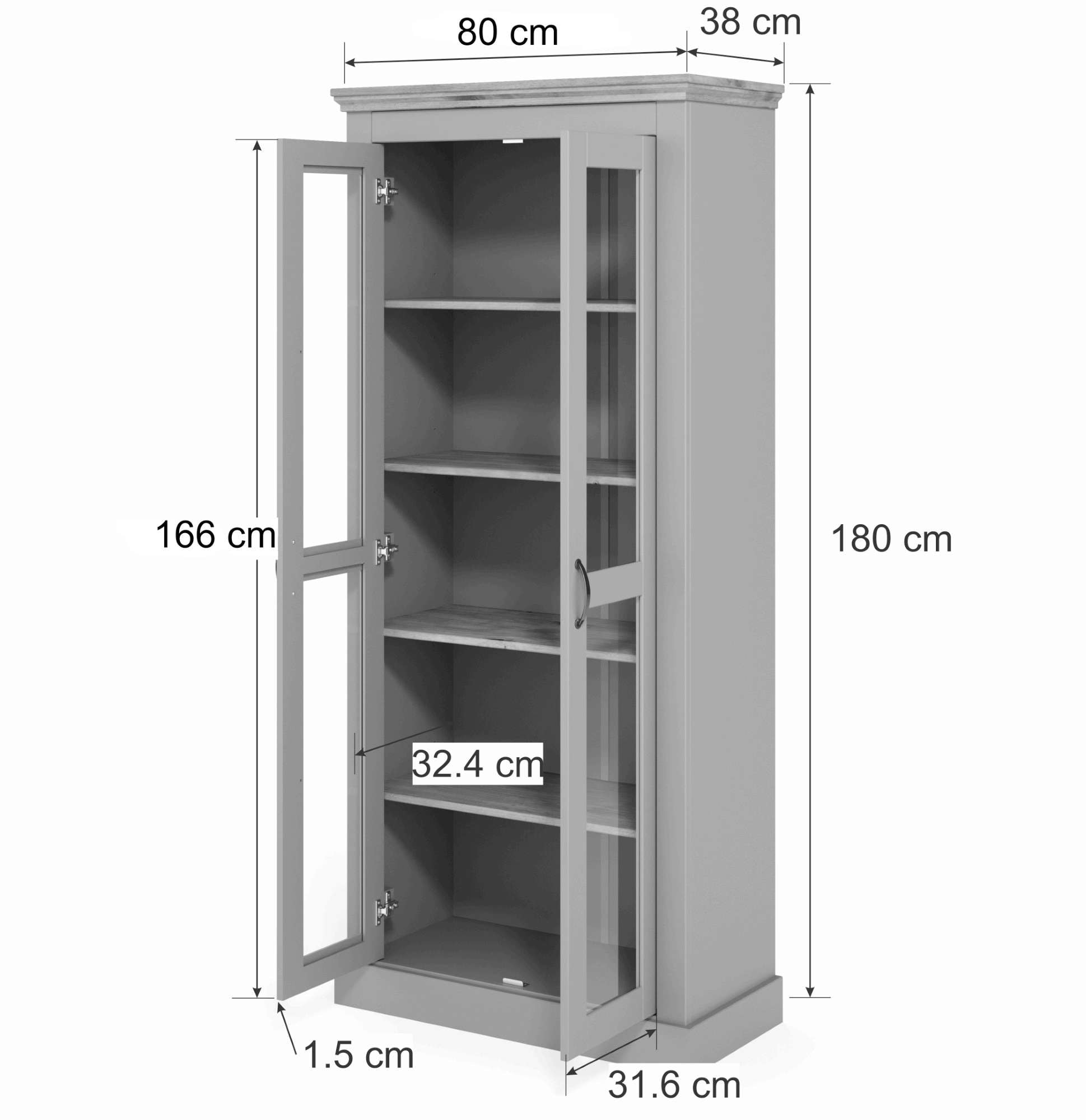 GOODproduct Vitrine »Selma, Hochschrank, Standvitrine, Glasvitrine aus massivem Kiefernholz« FSC®, mit Griffen aus antikisiertem Metall, Höhe 180 cm