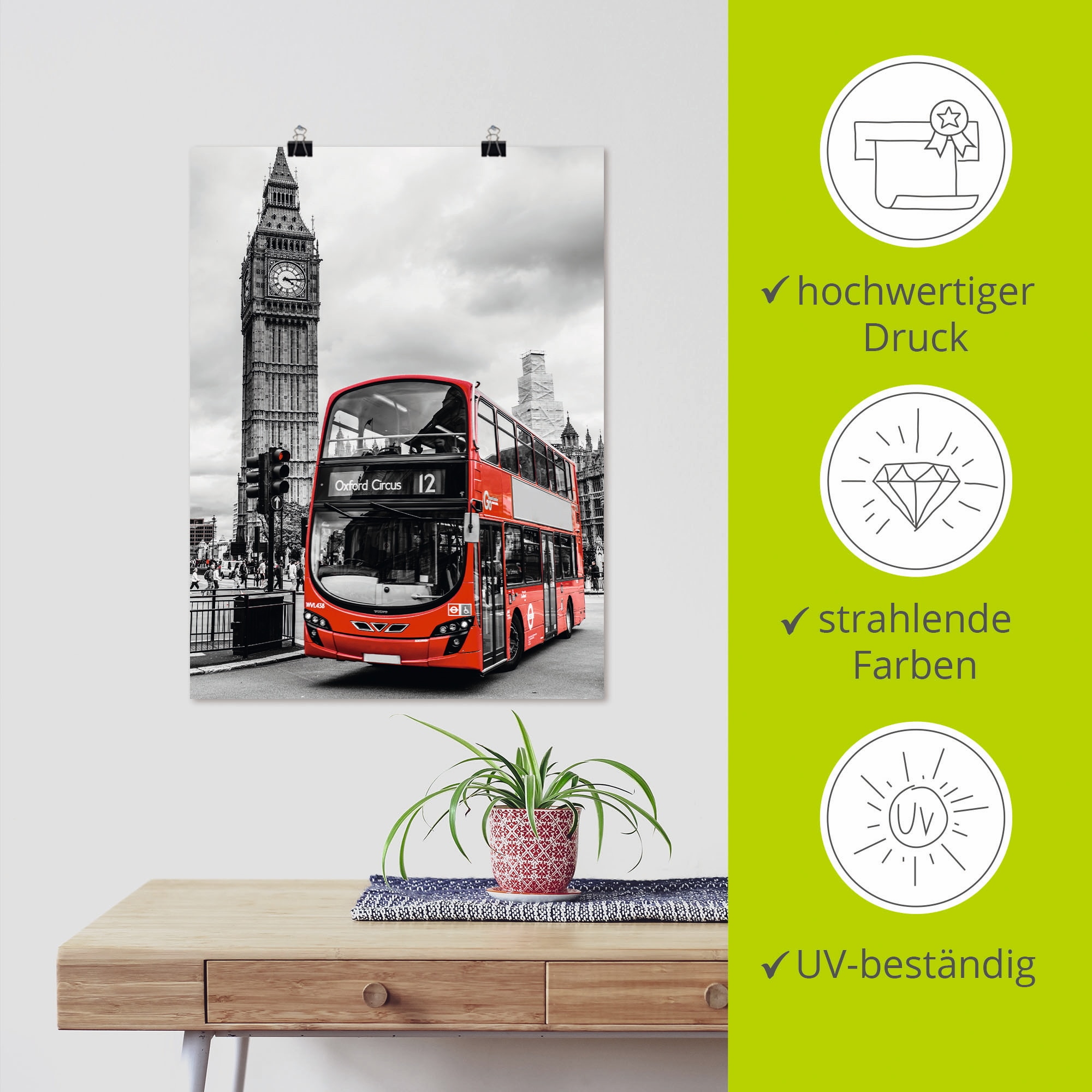 Artland Poster »London Bus und Big Ben« Gebäude 1 Stk. tlg. als Leinwandbild, Poster in verschied. Grössen
