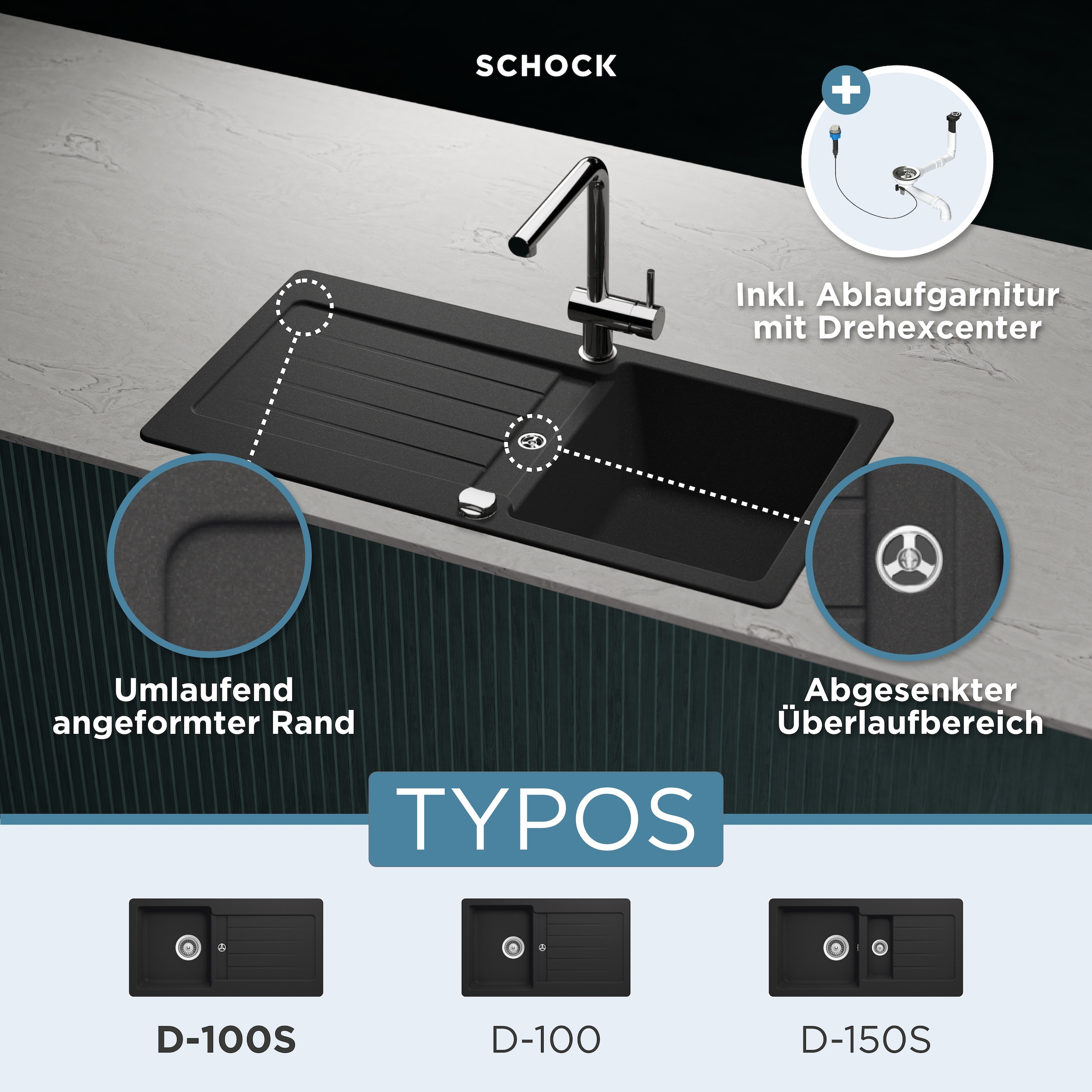 Schock Évier en granit »Typos D-100 S« mit Ablauf und Abtropffläche, links und rechts einbaubar