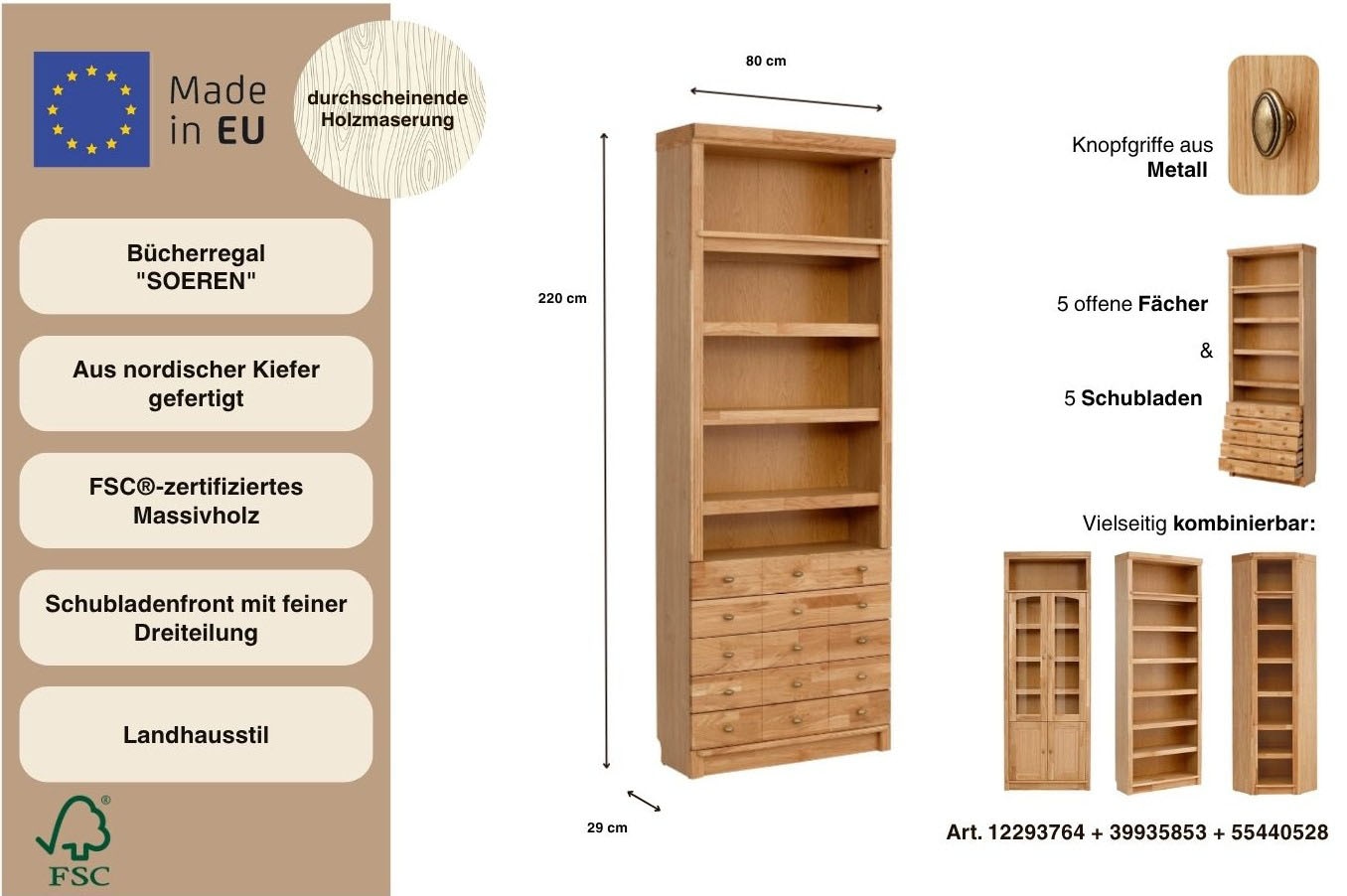 Home affaire Bücherregal »Soeren Eiche Regal mit 5 breiten Schubkästen in geteilter Optik« T/H: 80/29/220 cm, Eiche teilmassiv, FSC®, elegante Metallgriffe