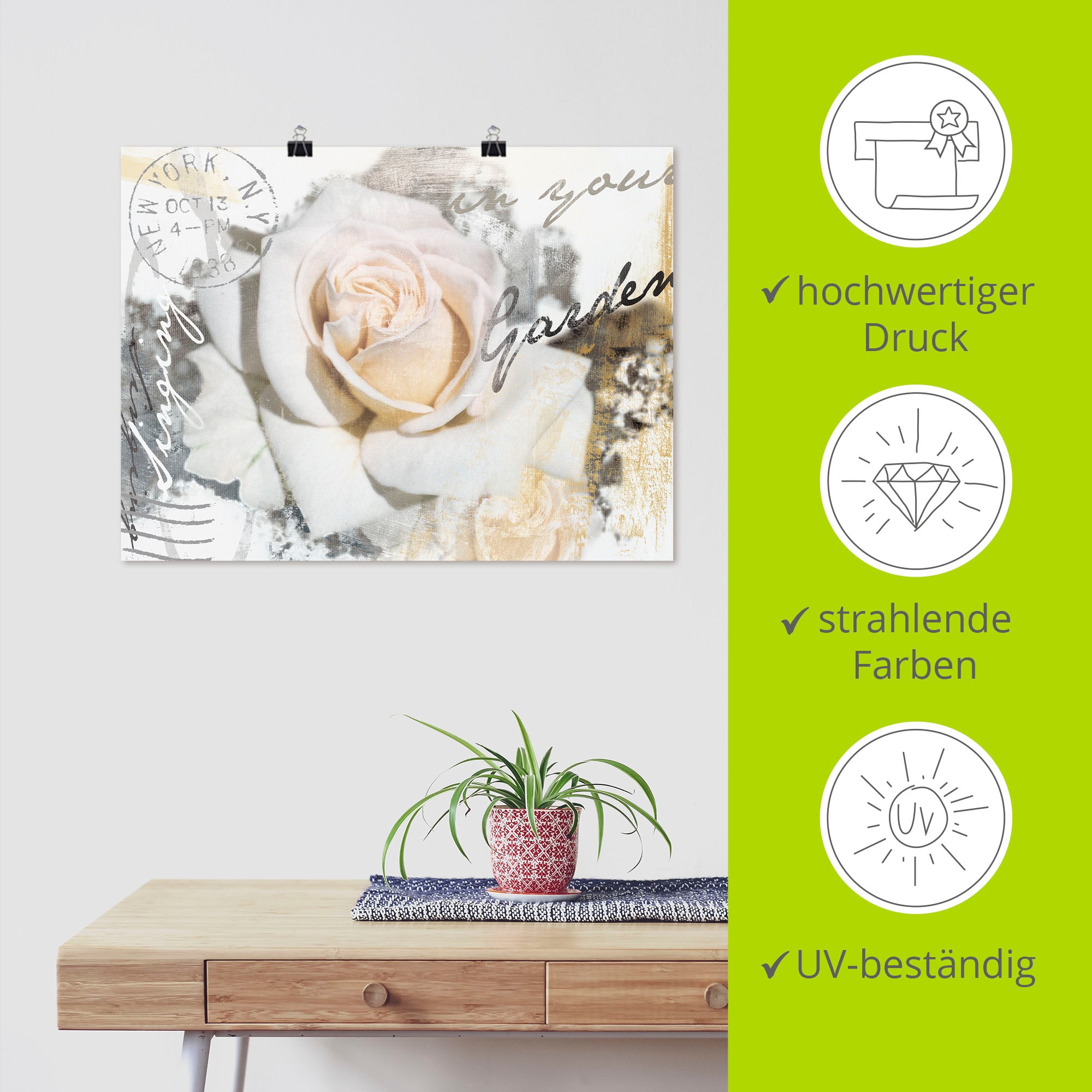 Artland Wandbild »In Buchstaben - Rose«, Blumen, (1 St.), als Leinwandbild, Poster, Wandaufkleber in verschied. Grössen