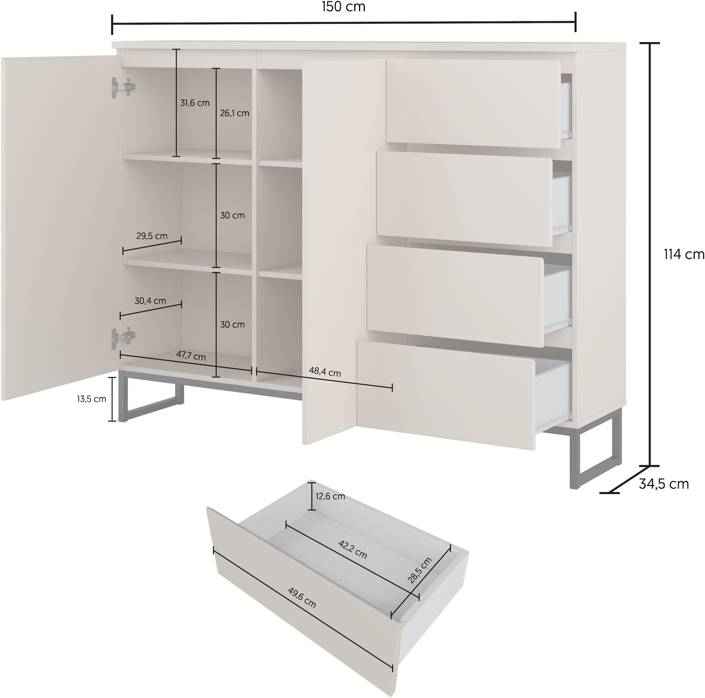 GOODproduct Sideboard »Modo II, Breite 150 cm, moderne grifflose Kommode 2Türen/4 SK« Schubladenschrank viel Stauraum, Einlegeböden verstellbar, Metallkufen
