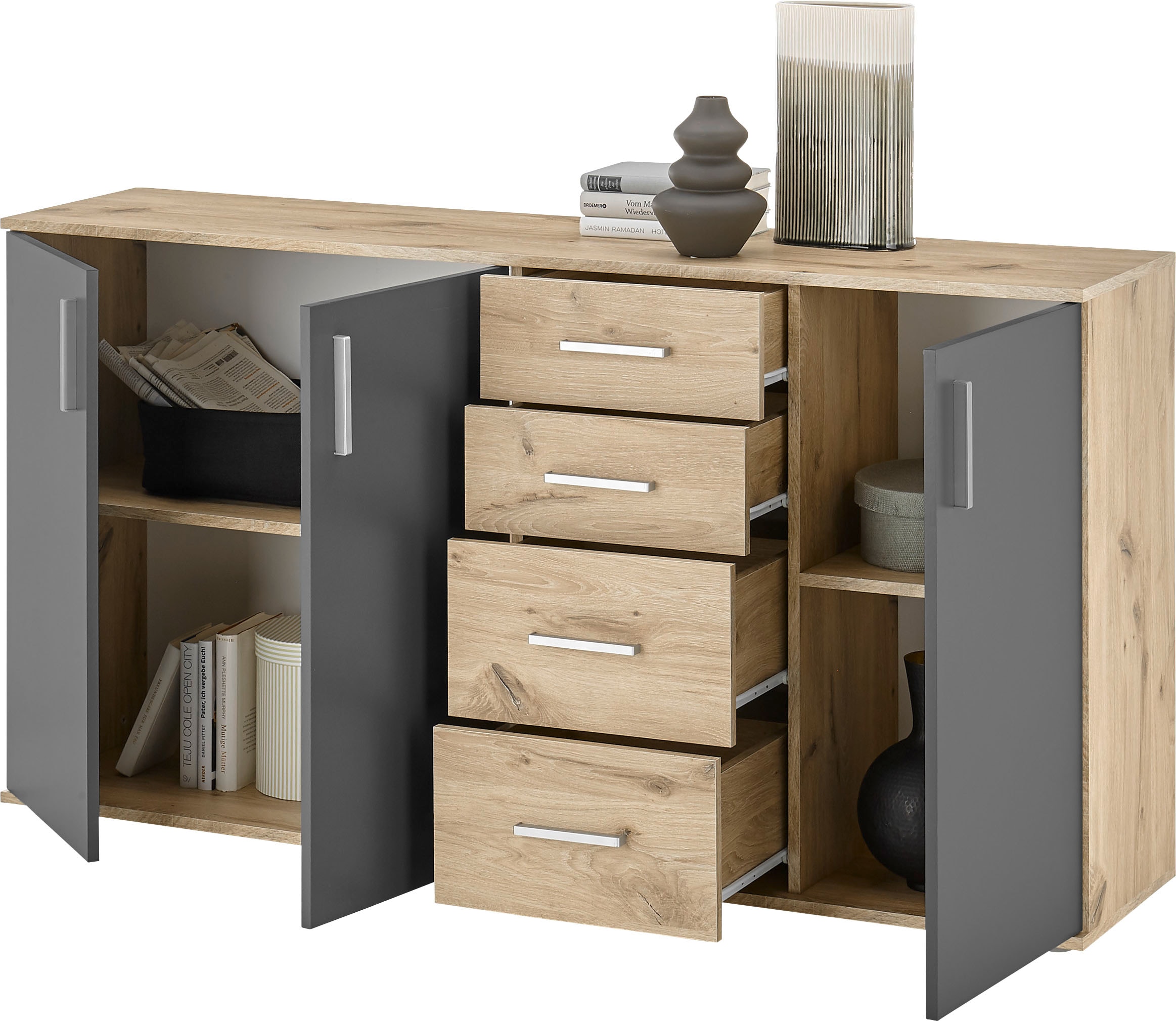 HBZ Kommode »BC-Drift-2, Sideboard Stellmass BxHxT 160x84x35 cm« 1 Stk. tlg. Sideboard mit 3 Türen und 4 Schubkästen, 2 Einlegeböden