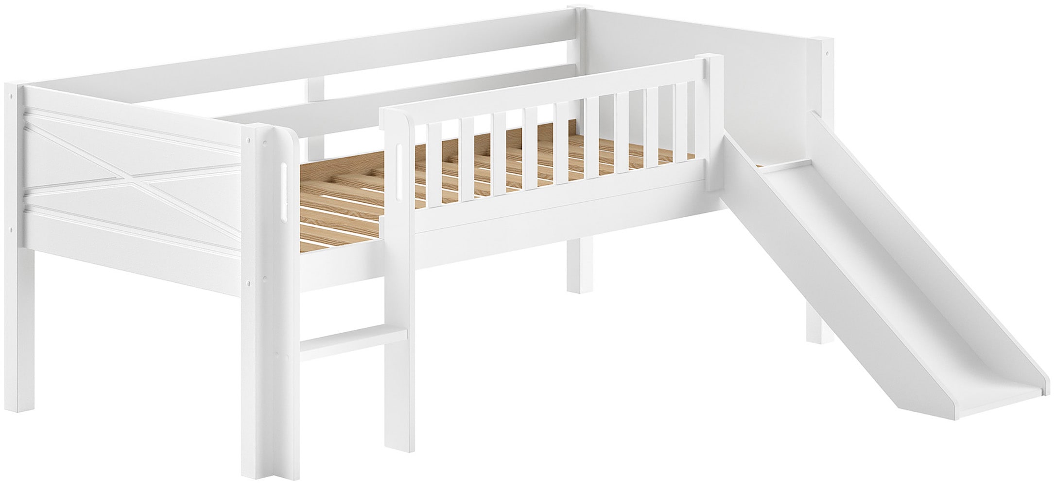 Vipack Spielbett »Scott mit niedriger Einstiegshöhe inkl. Leiter, Rutsche und Rollnrost« in Kiefer massiv, weiss 90x200 cm, wahlweise ohne und mit Rollboxen