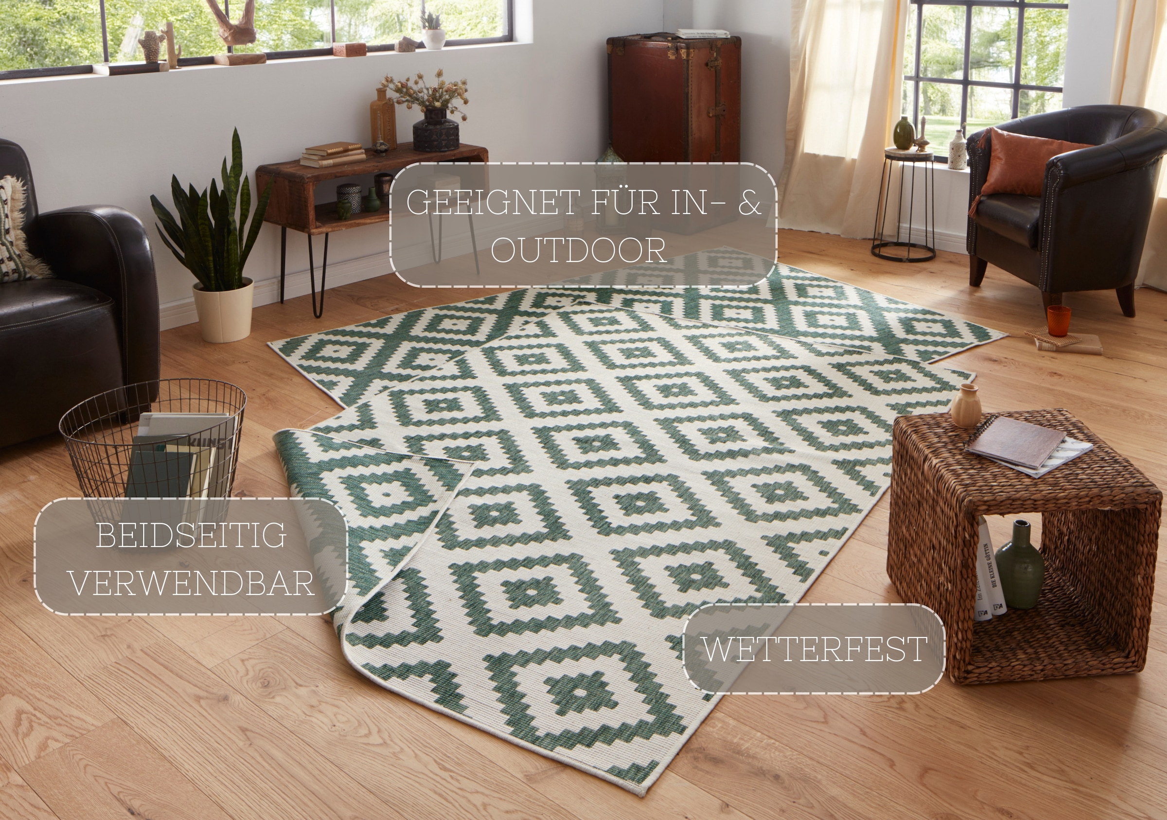 NORTHRUGS Teppich »Malta Wendeteppich«, rechteckig, 5 mm Höhe, In-& Outdoor, Wetterfest, Balkon, Terrasse, Raute, Läufer, Wohnzimmer