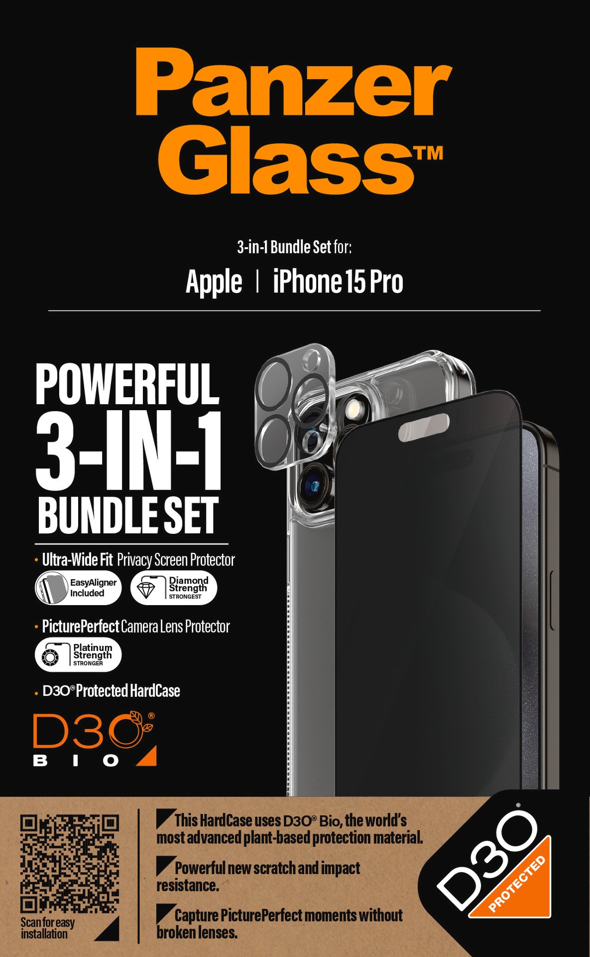 PanzerGlass Displayschutzglas »3-in-1-Privacy-Pack Privacy, Camera Protector und Cover«, für iPhone 15 Pro