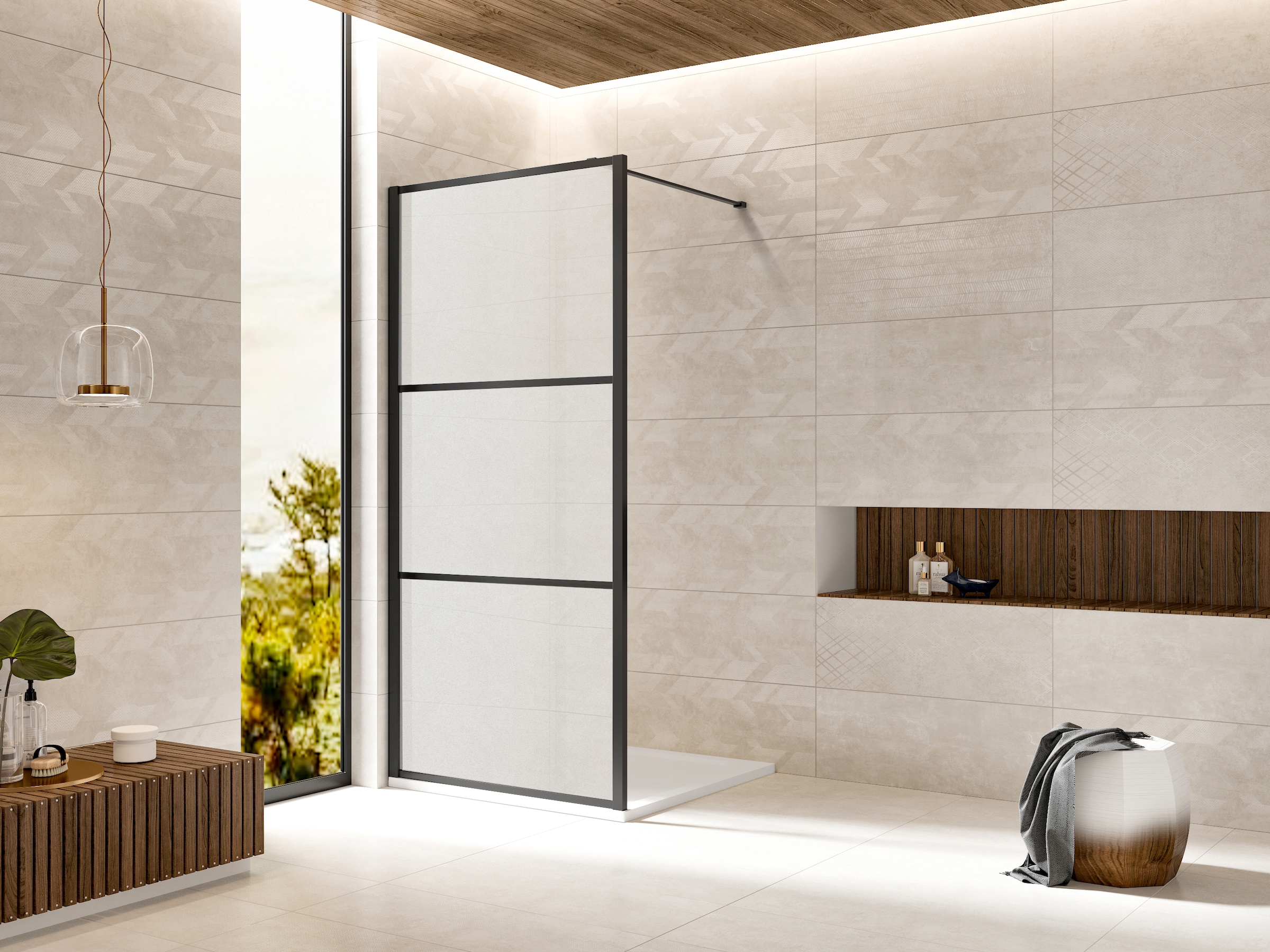Image of welltime Walk-in-Dusche "Walk In Black Blocks Frosted" Milchglasscheiben
