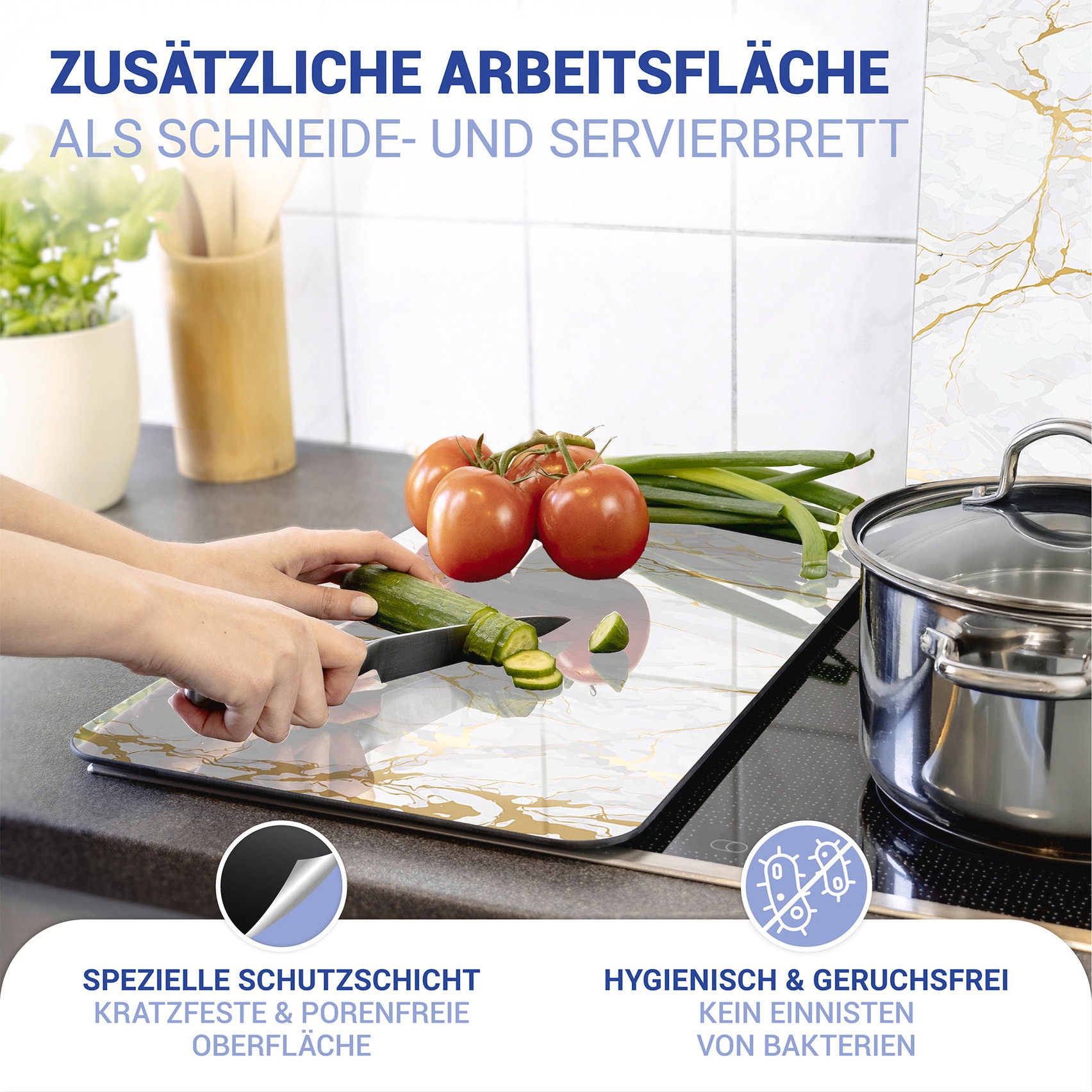 WENKO Herd-Abdeckplatte »Universal Modell Marmor Goldfarben«, (Set, 2 tlg.), Herdabdeckung für alle Herdarten, kratzfest, mit rutschfesten Füssen